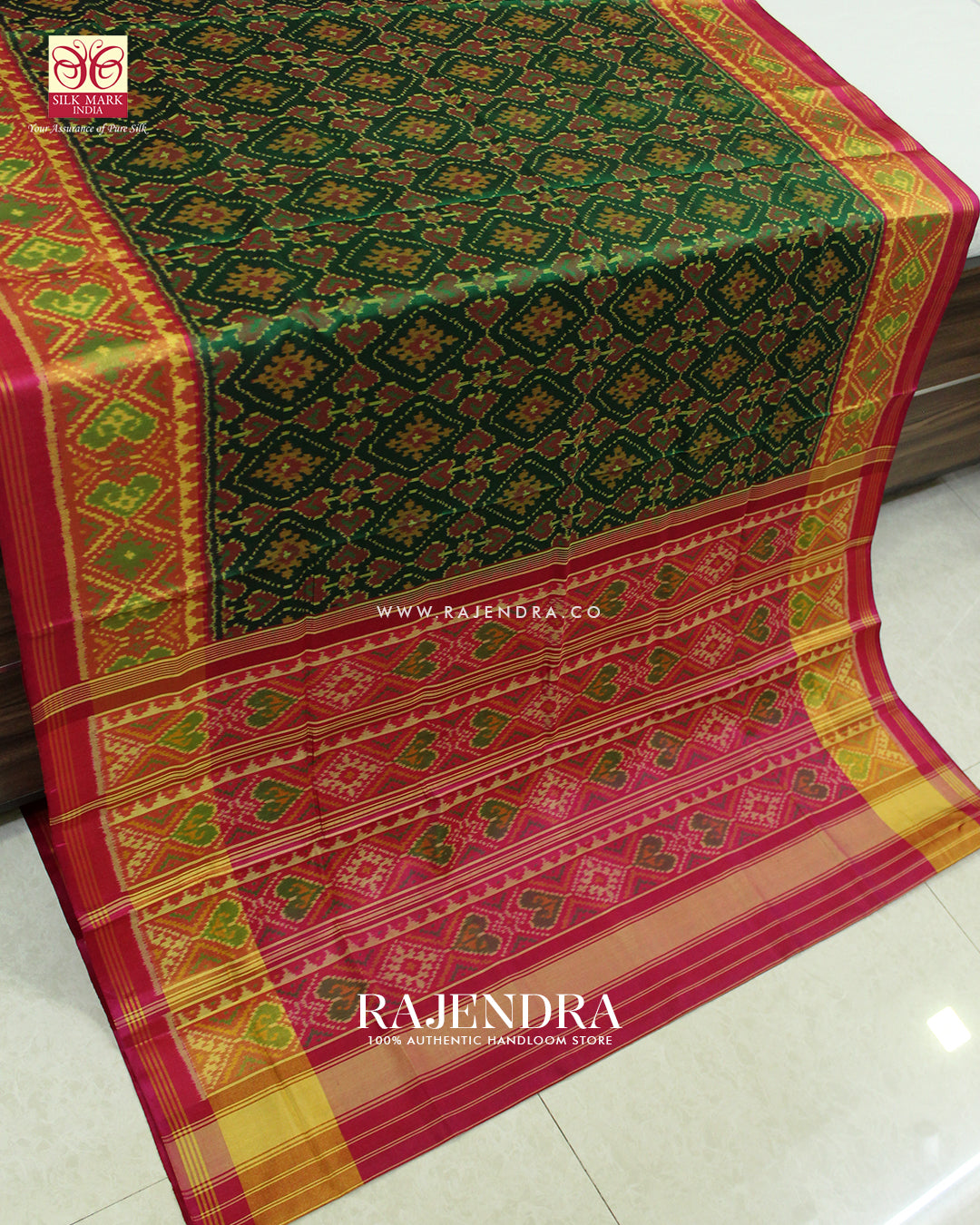 Traditional Panchanda Design Pink and Green Single Ikat Rajkot Patola Saree