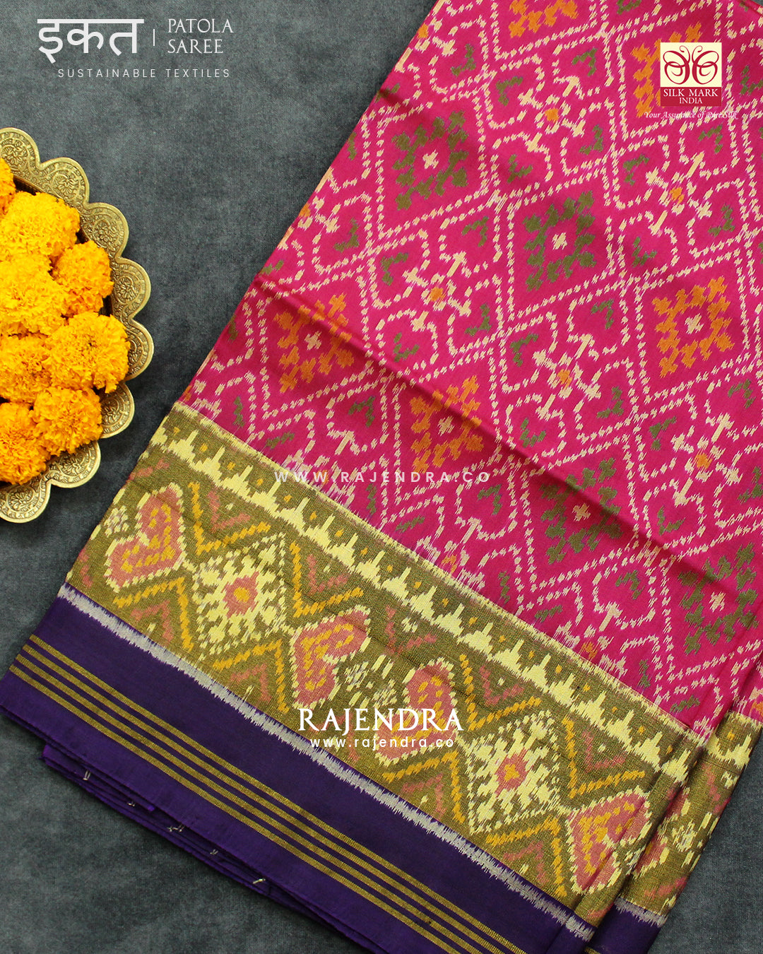 Traditional Panchanda Bhat Pink and Purple Single Ikat Rajkot Patola Saree