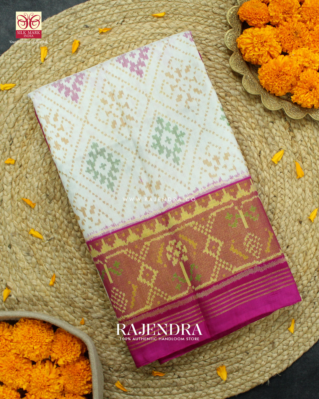 Traditional Panchanda Design Pink and White Single Ikat Rajkto Patola Saree