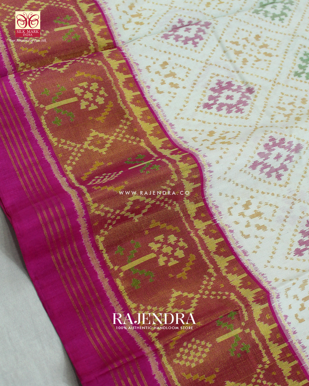 Traditional Panchanda Design Pink and White Single Ikat Rajkto Patola Saree