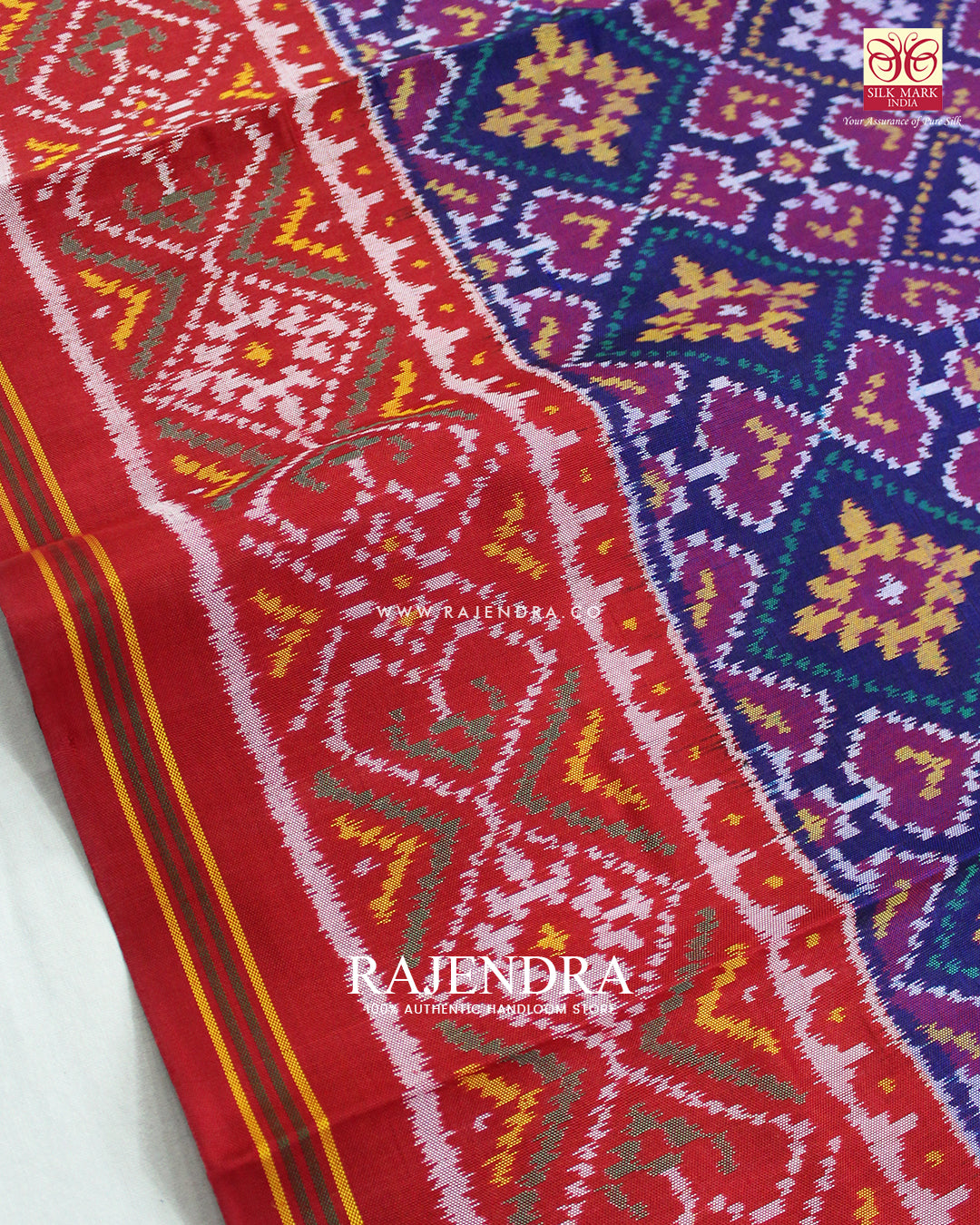 Traditional Panchanda Design Red and Blue Ikat Rajkot Patola Saree