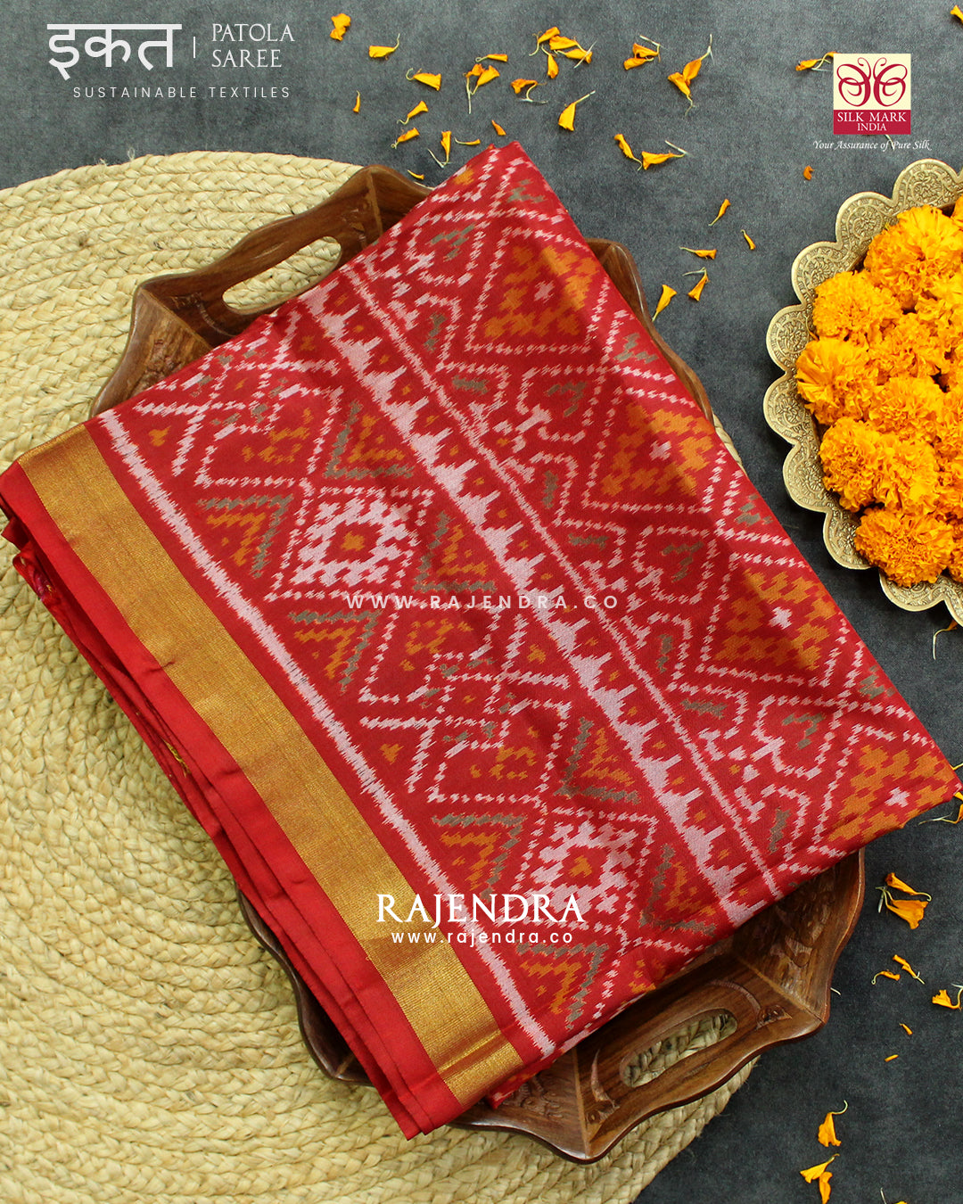 Traditional Panchanda Design Red Single Ikat Rajkot Patola Saree