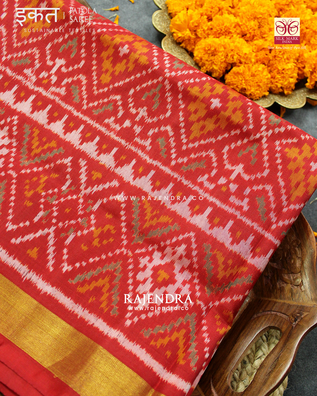 Traditional Panchanda Design Red Single Ikat Rajkot Patola Saree