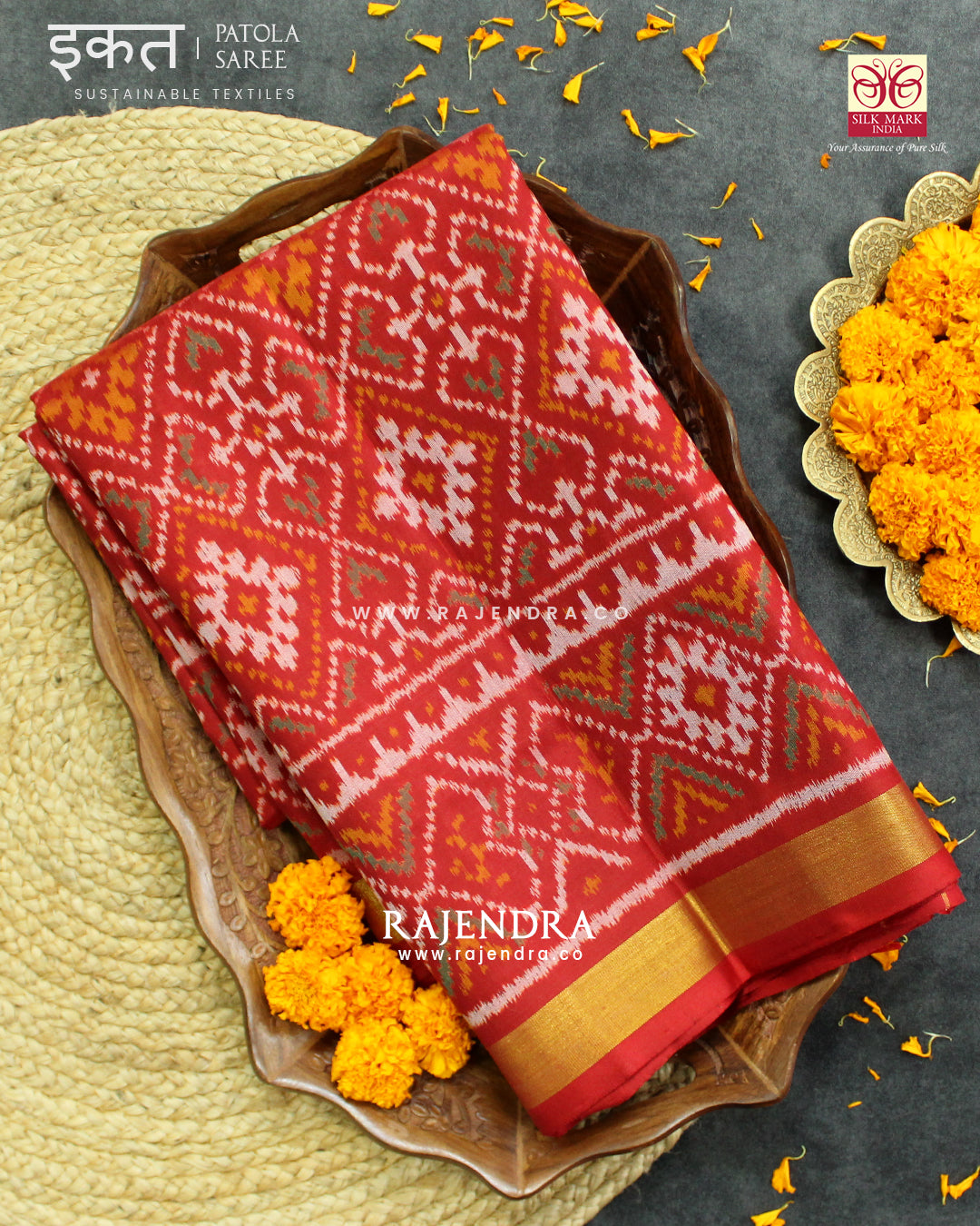 Traditional Panchanda Design Red Single Ikat Rajkot Patola Saree