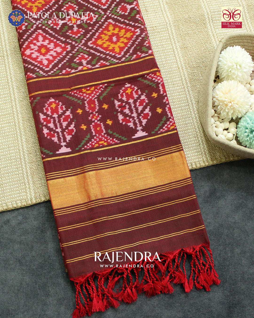 Exclusive Panchanda Design Red Maroon Ikat Rajkot Patola Dupatta
