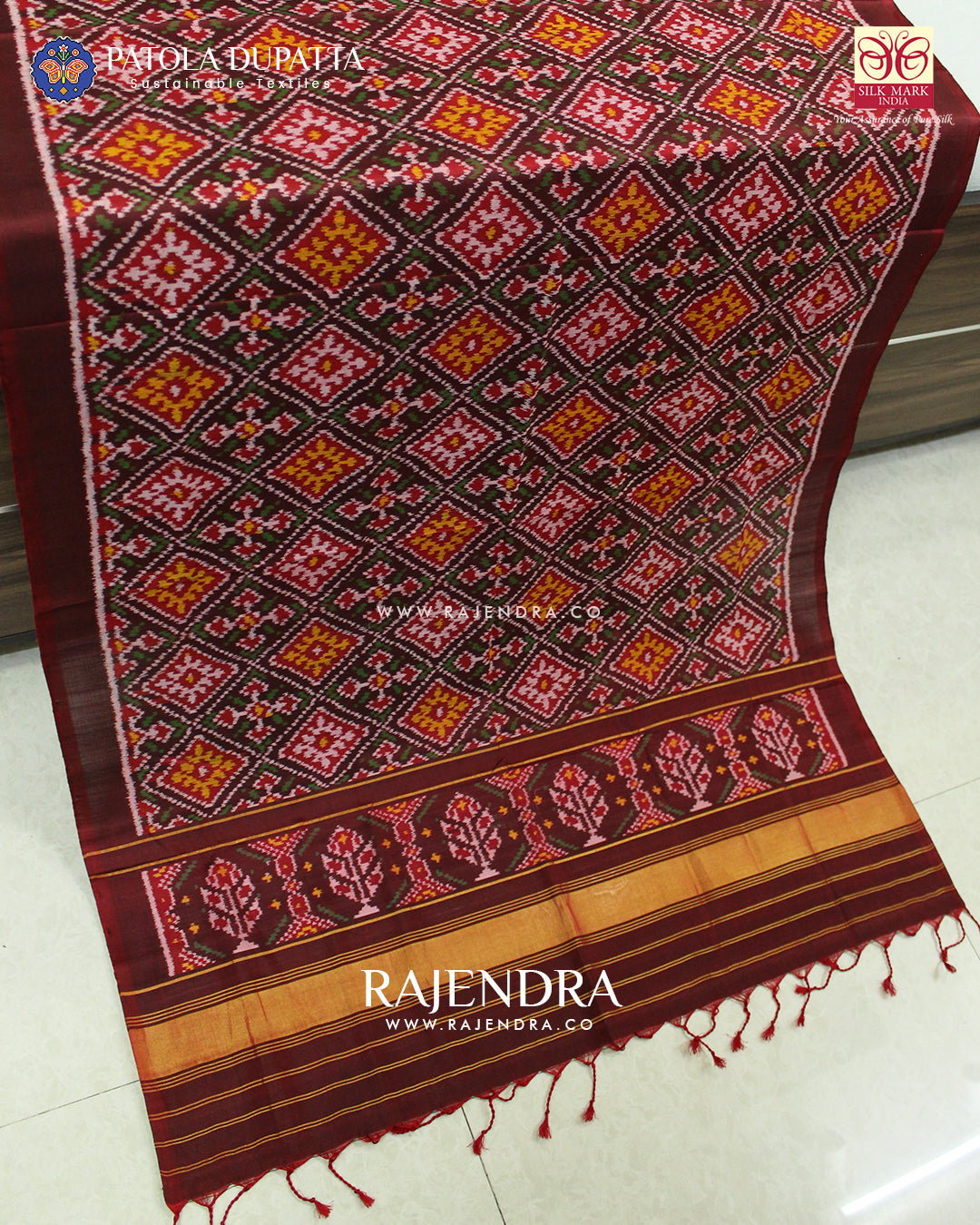 Exclusive Panchanda Design Red Maroon Ikat Rajkot Patola Dupatta