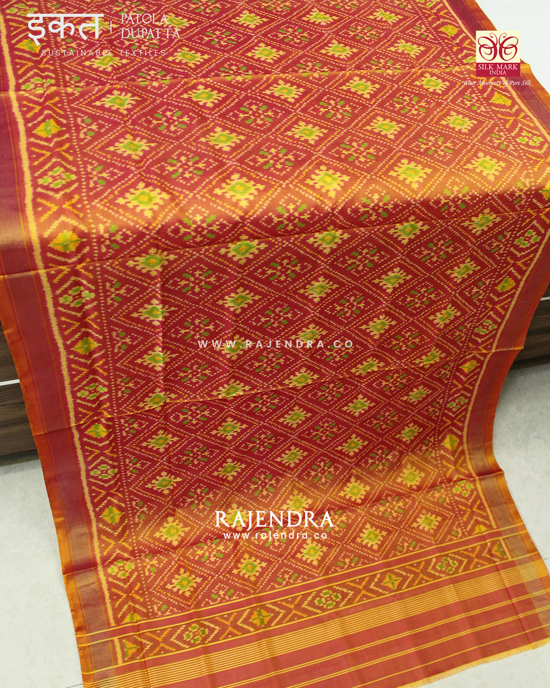 Traditional Panchanda Design Mustard Single Ikat Rajkot Patola Dupatta