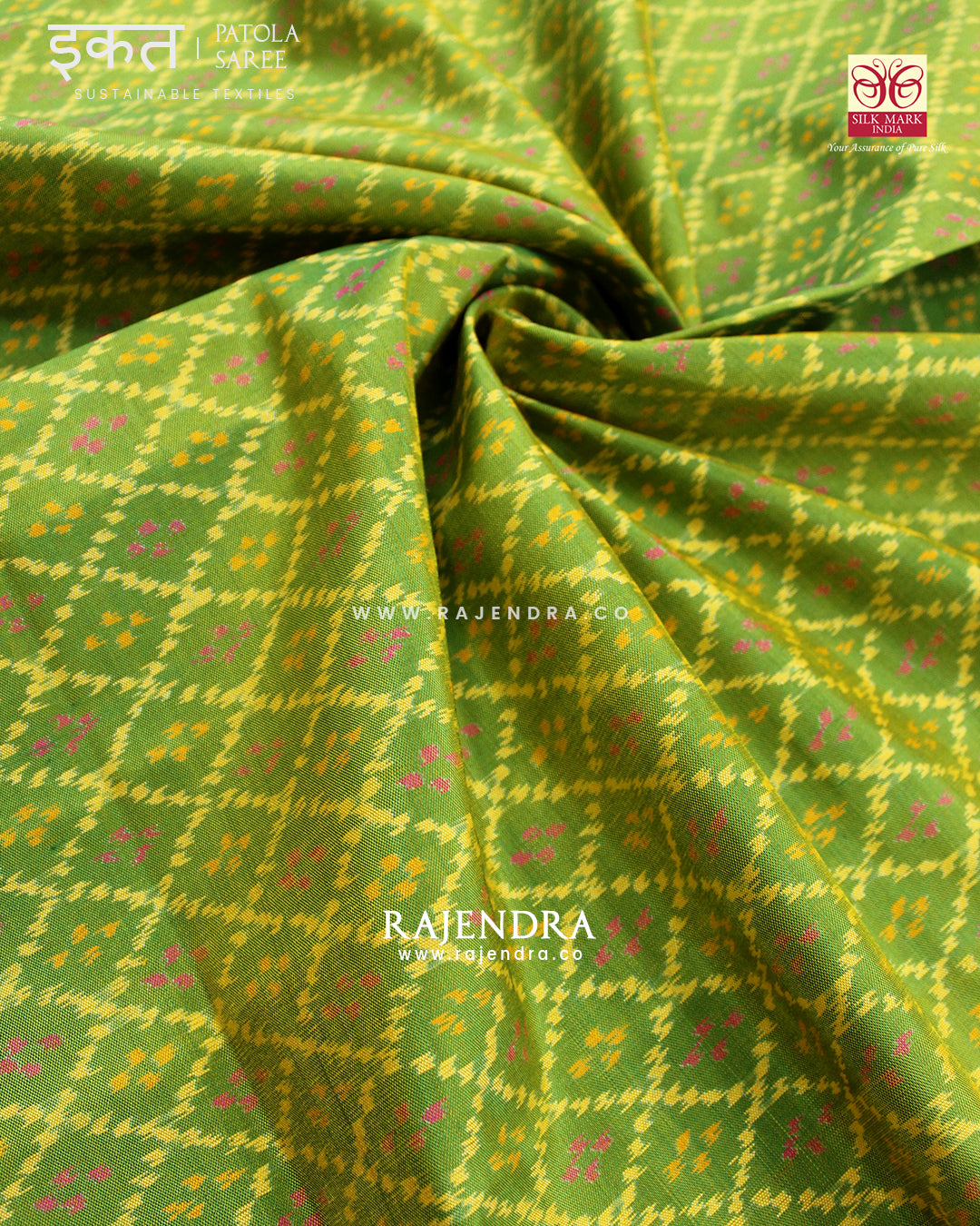 Traditional Sakali Design Parrot Green and Pink Single Ikat Rajkot Patola Saree