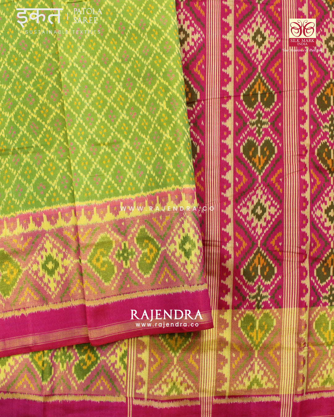 Traditional Sakali Design Parrot Green and Pink Single Ikat Rajkot Patola Saree