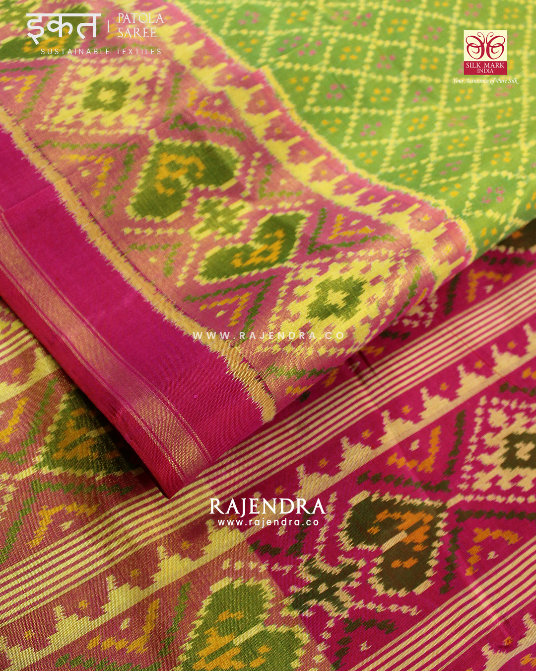 Traditional Sakali Design Parrot Green and Pink Single Ikat Rajkot Patola Saree