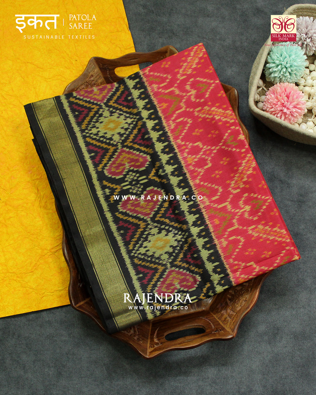 Traditional Manekchowk Design Peach Black Single Ikat Rajkot Patola Saree