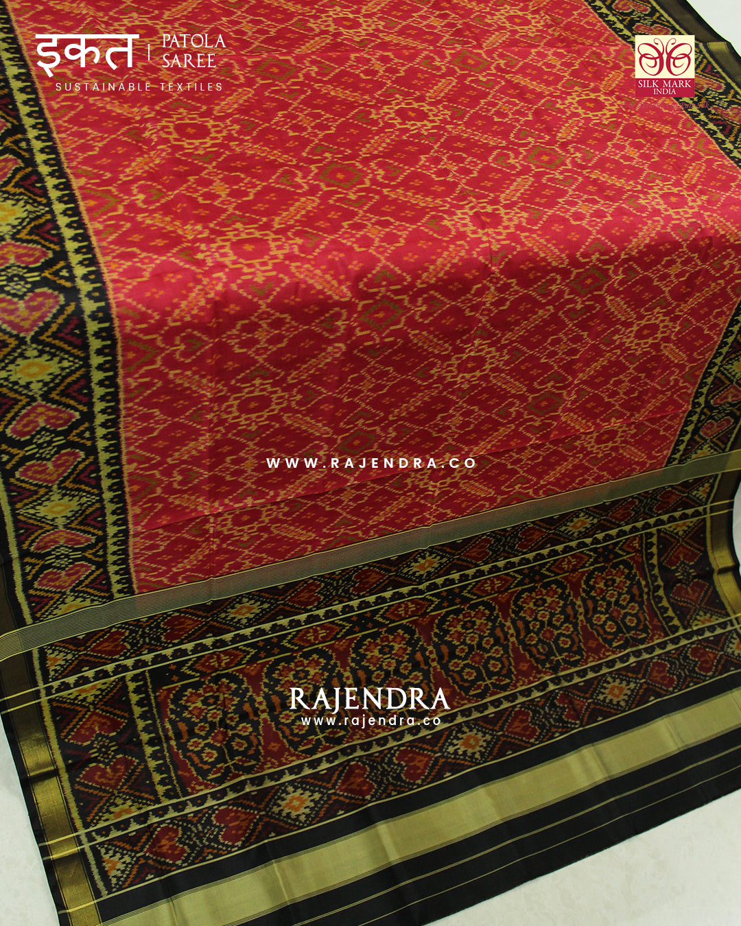 Traditional Manekchowk Design Peach Black Single Ikat Rajkot Patola Saree