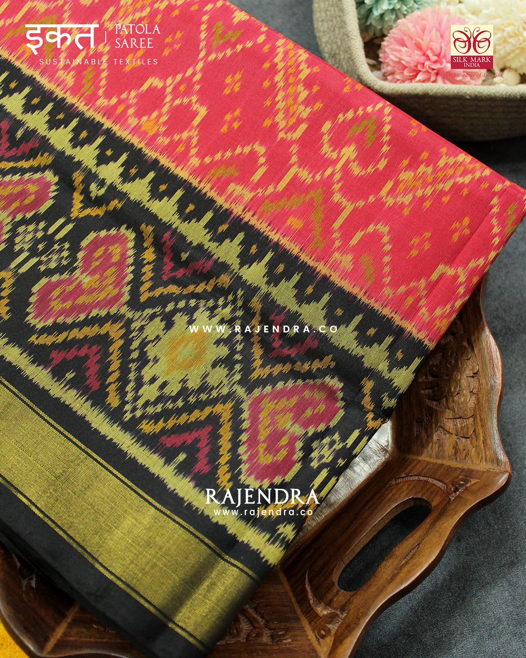 Traditional Manekchowk Design Peach Black Single Ikat Rajkot Patola Saree