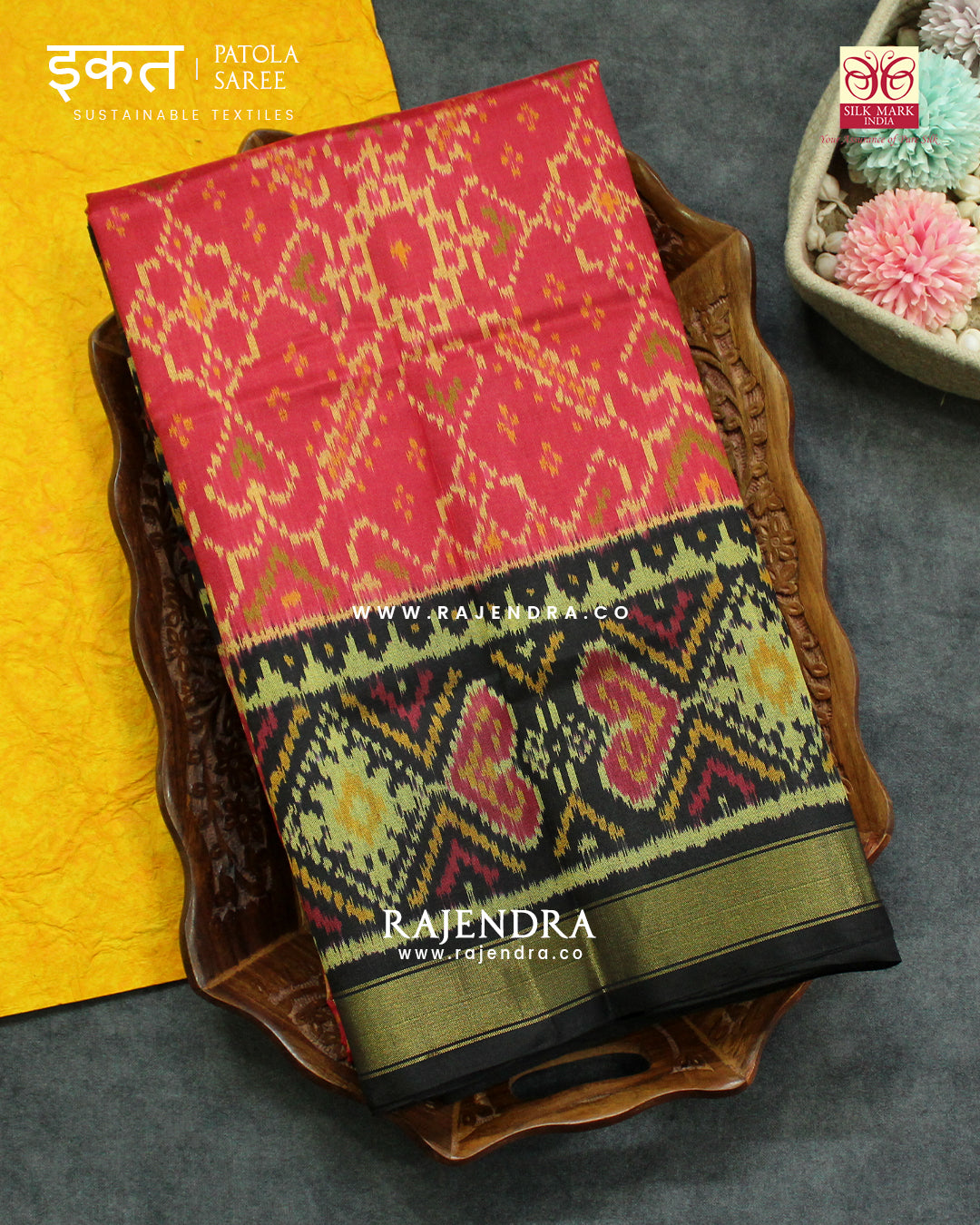 Traditional Manekchowk Design Peach Black Single Ikat Rajkot Patola Saree