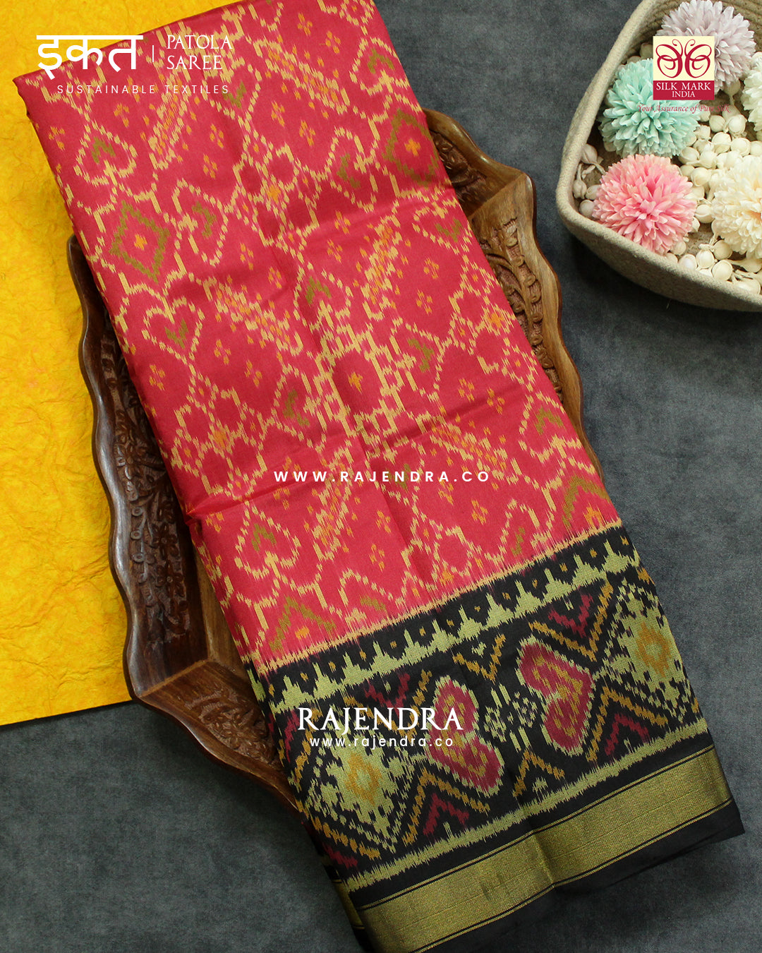 Traditional Manekchowk Design Peach Black Single Ikat Rajkot Patola Saree