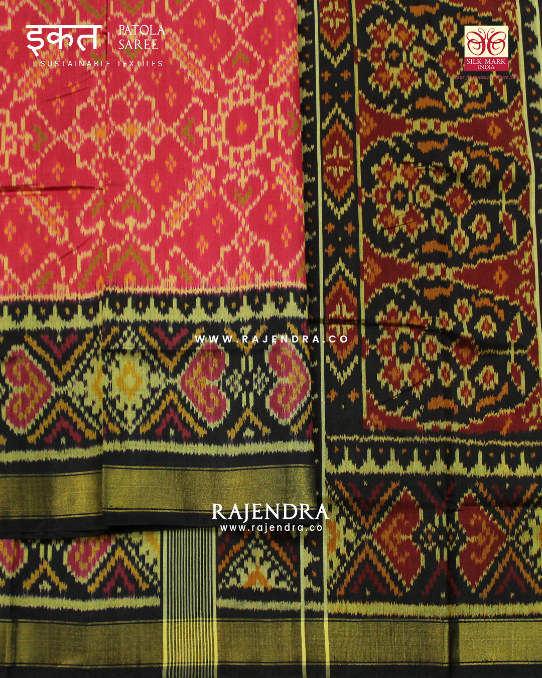 Traditional Manekchowk Design Peach Black Single Ikat Rajkot Patola Saree