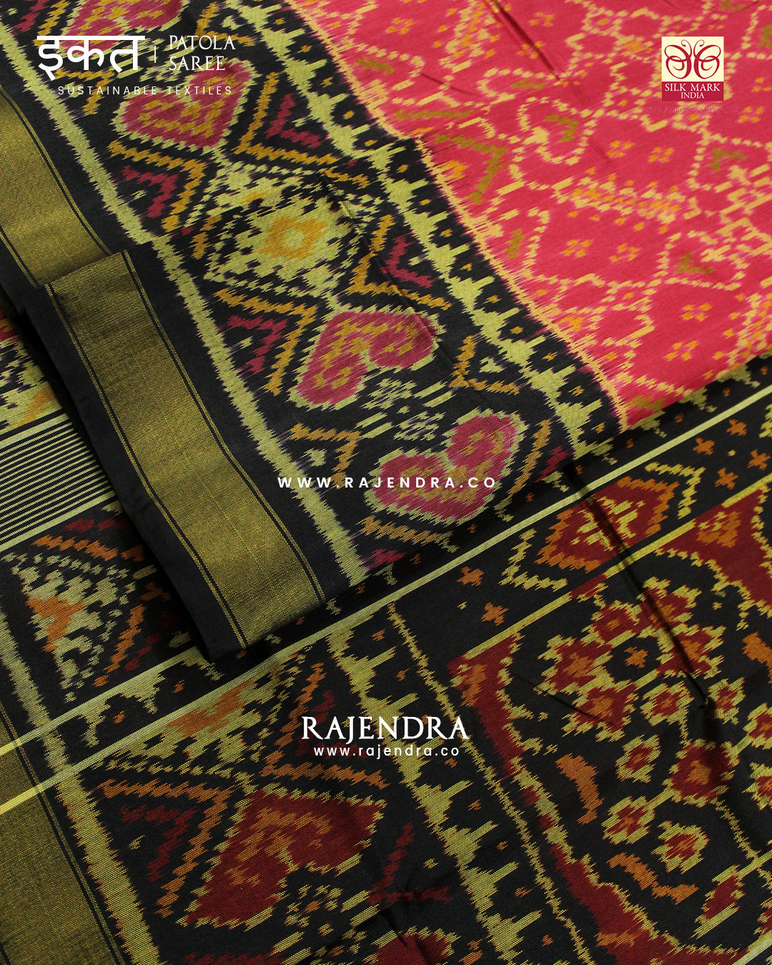 Traditional Manekchowk Design Peach Black Single Ikat Rajkot Patola Saree