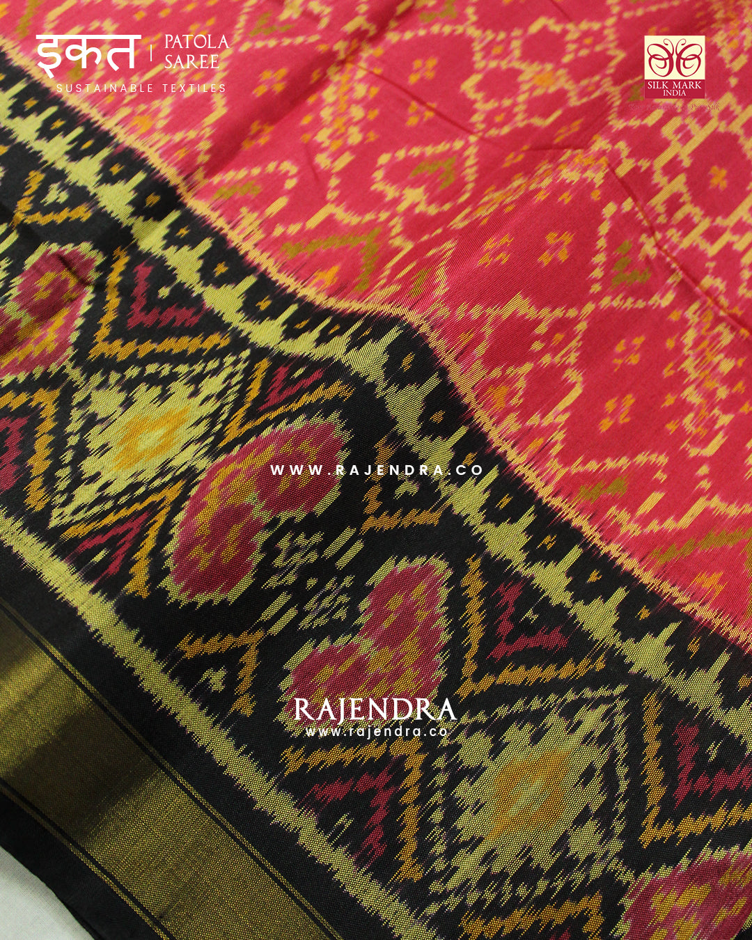 Traditional Manekchowk Design Peach Black Single Ikat Rajkot Patola Saree