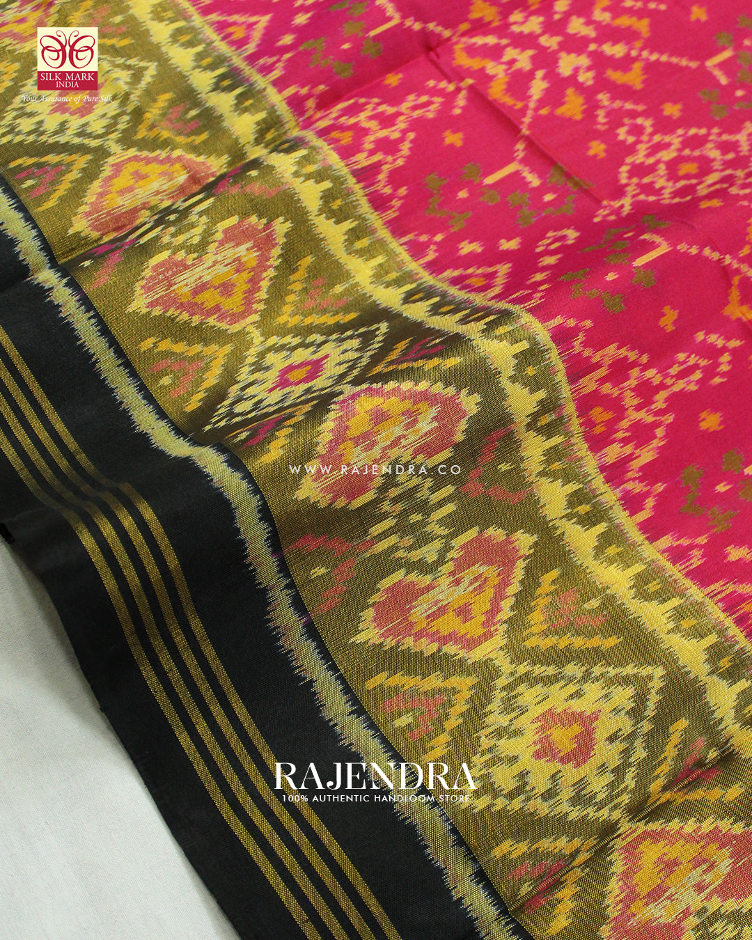 Traditional Navratna Design Peach Black Single Ikat Rajkot Patola Saree