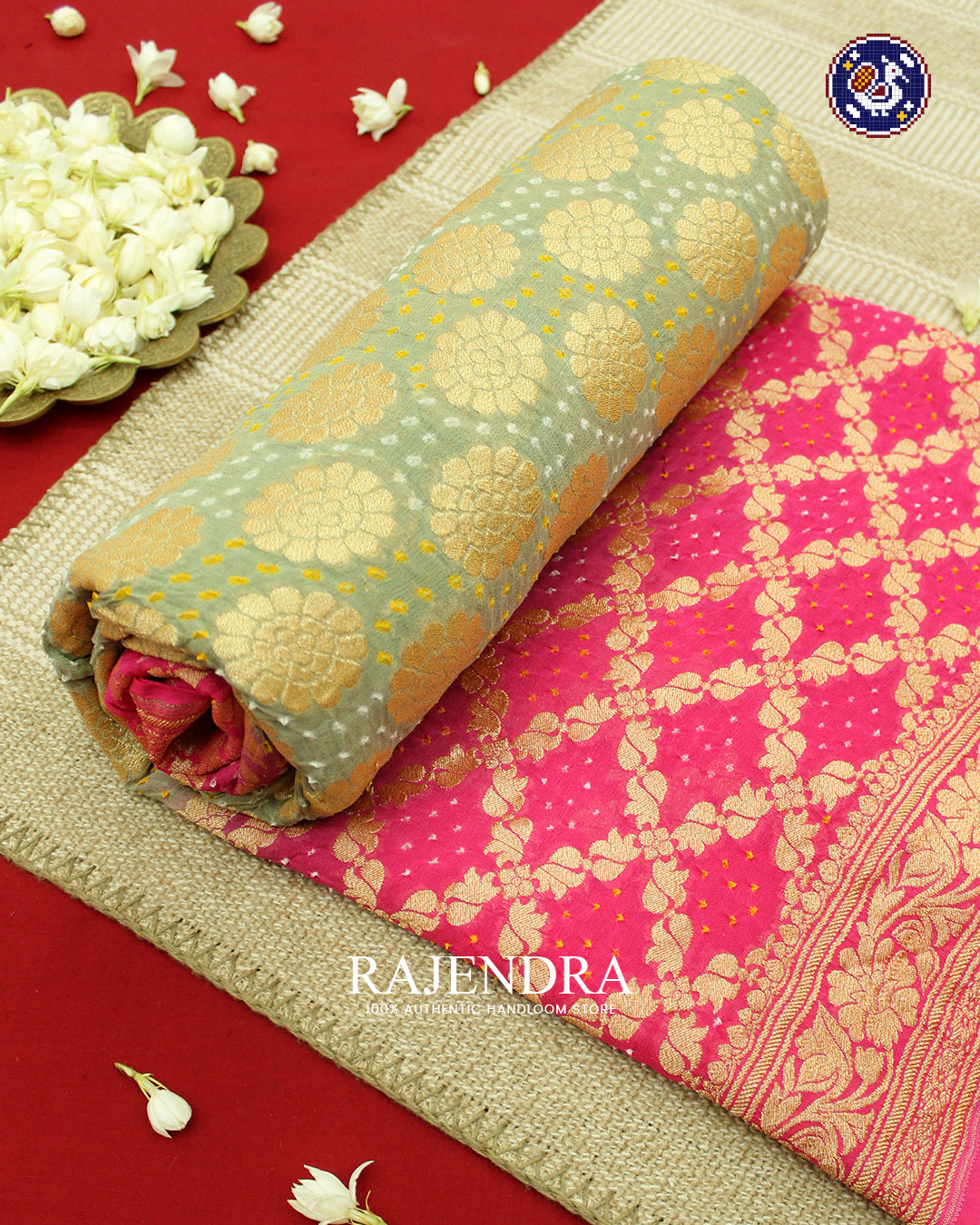 Traditional Khadi Georgette Peach and Pista Green Banarasi Bandhani Saree