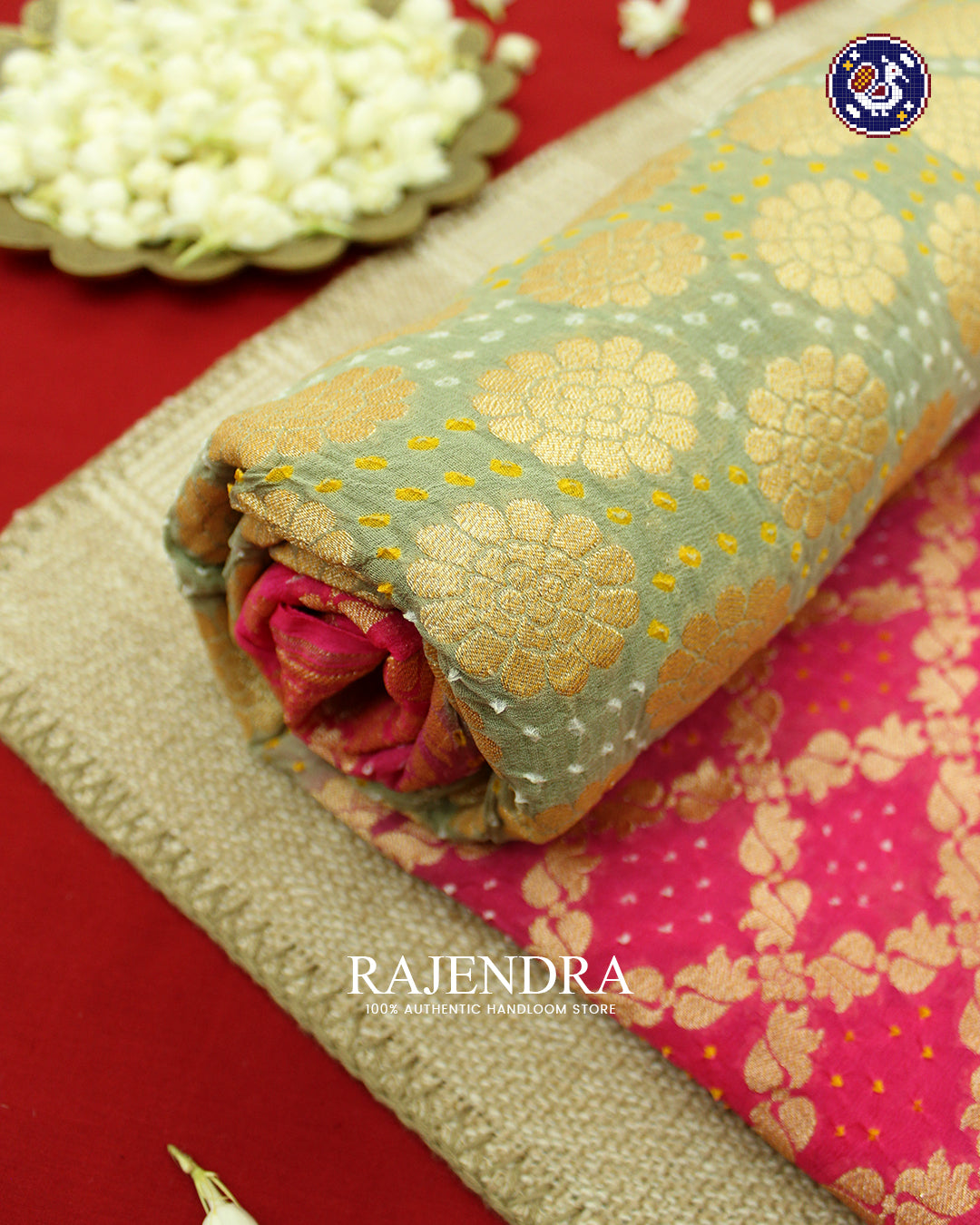 Traditional Khadi Georgette Peach and Pista Green Banarasi Bandhani Saree
