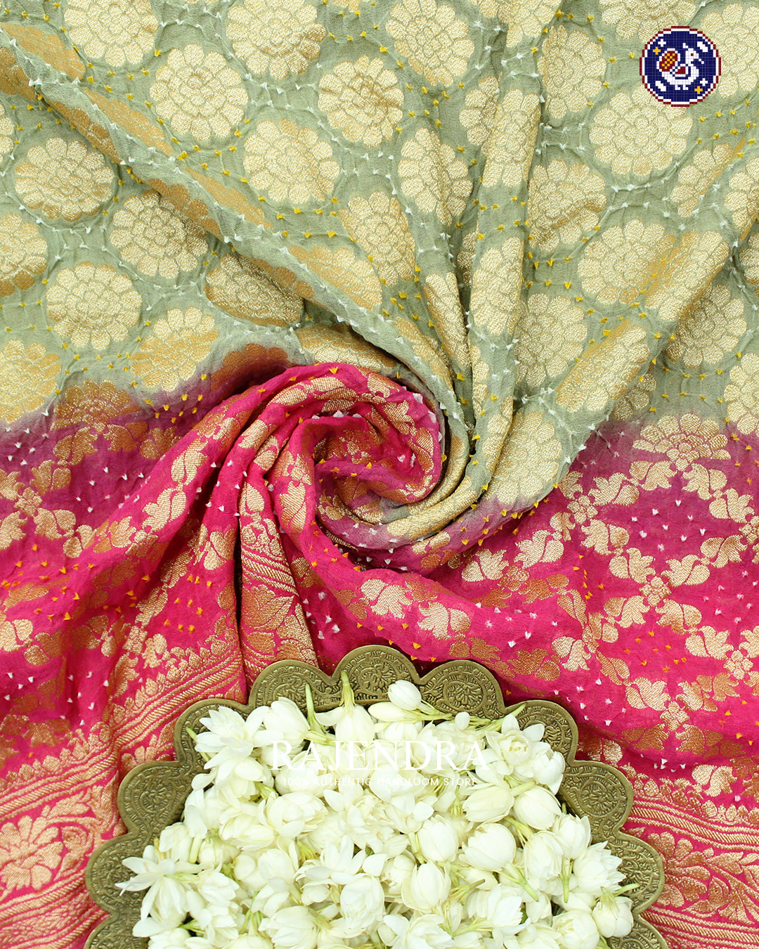 Traditional Khadi Georgette Peach and Pista Green Banarasi Bandhani Saree