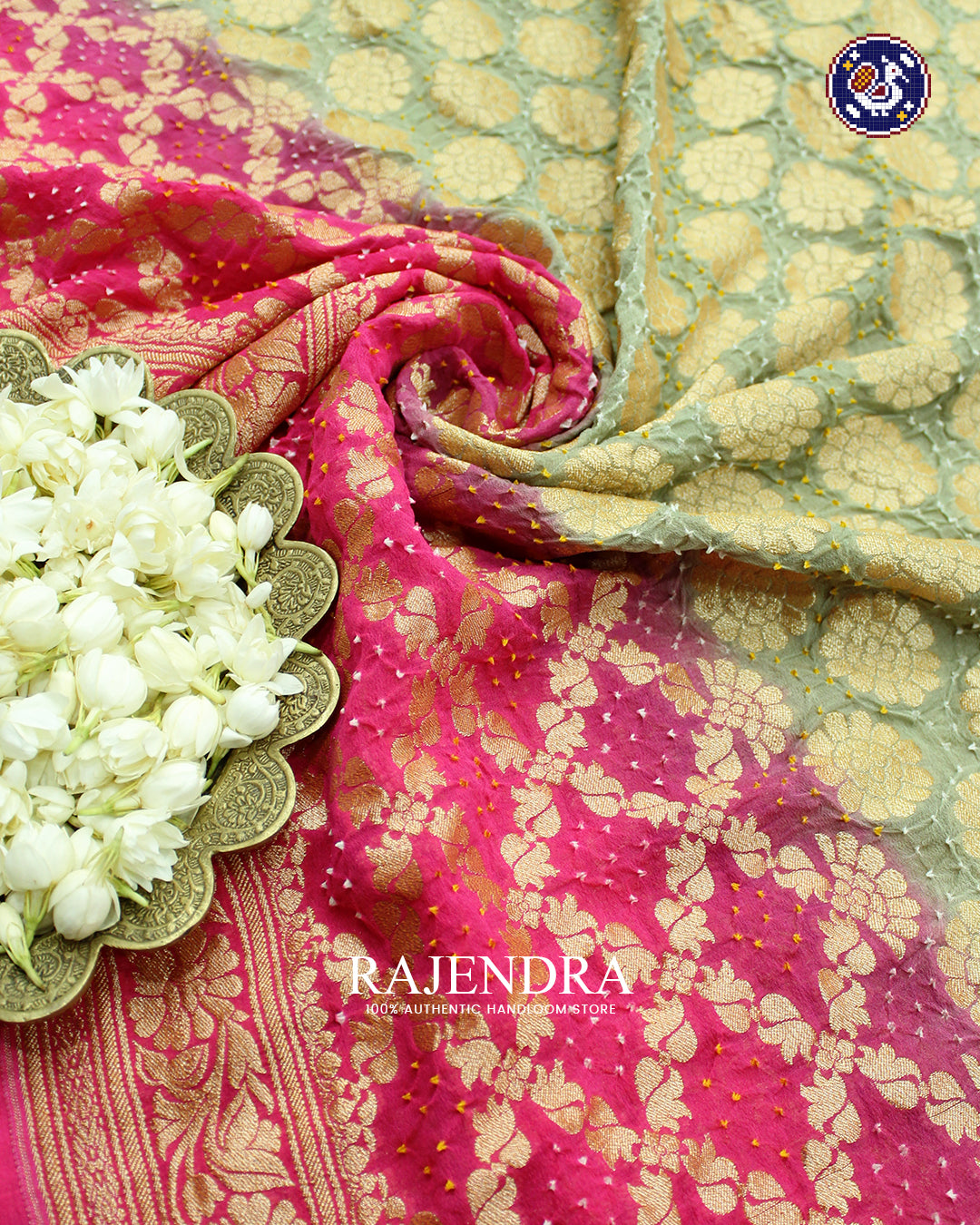 Traditional Khadi Georgette Peach and Pista Green Banarasi Bandhani Saree
