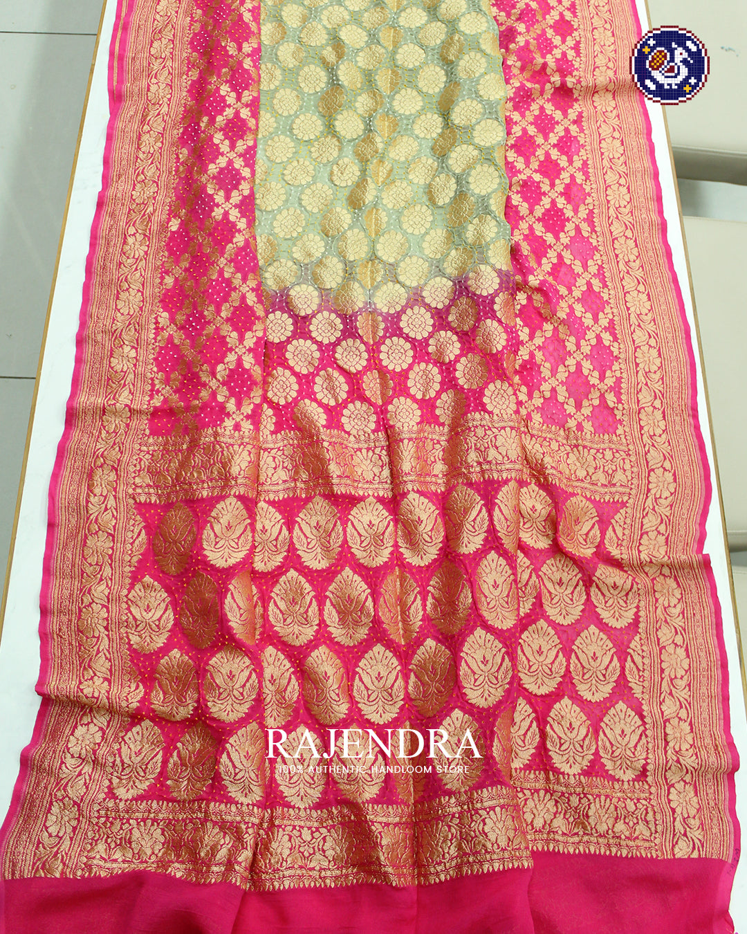 Traditional Khadi Georgette Peach and Pista Green Banarasi Bandhani Saree