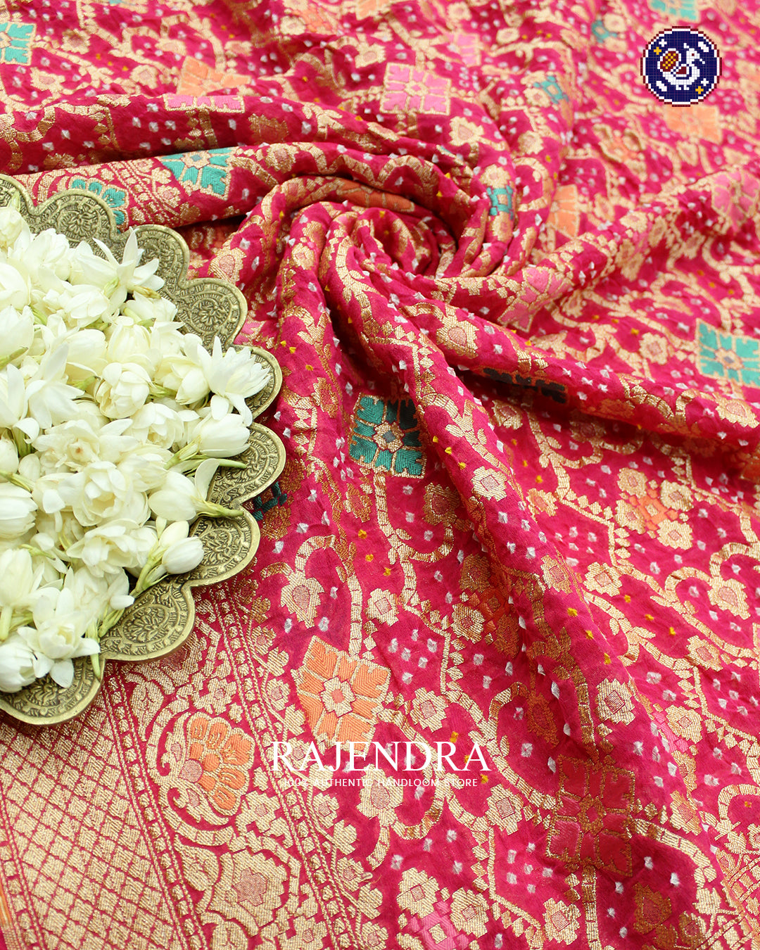 Traditional Meenakari Khadi Georgette Peach Banarasi Bandhani Saree