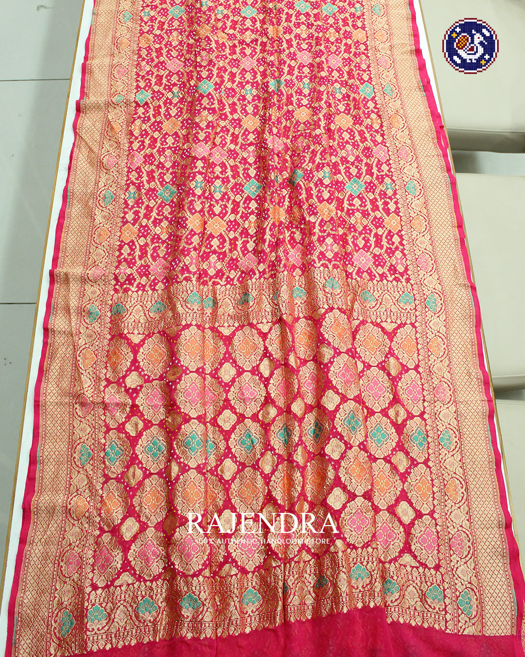 Traditional Meenakari Khadi Georgette Peach Banarasi Bandhani Saree