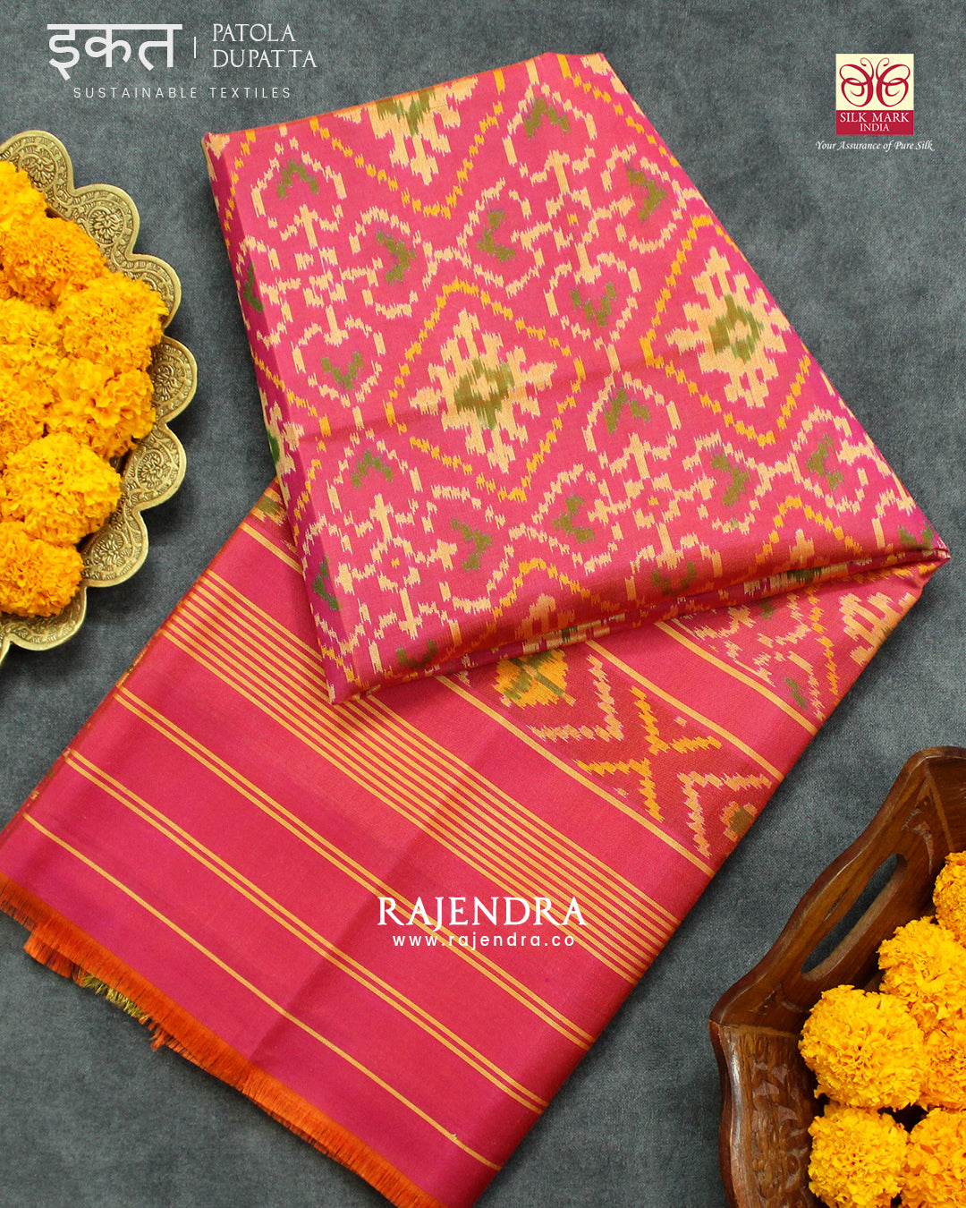 Traditional Panchanda Design Peach Single Ikat Rajkot Patola Dupatta