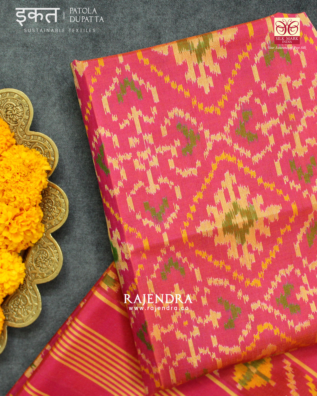 Traditional Panchanda Design Peach Single Ikat Rajkot Patola Dupatta