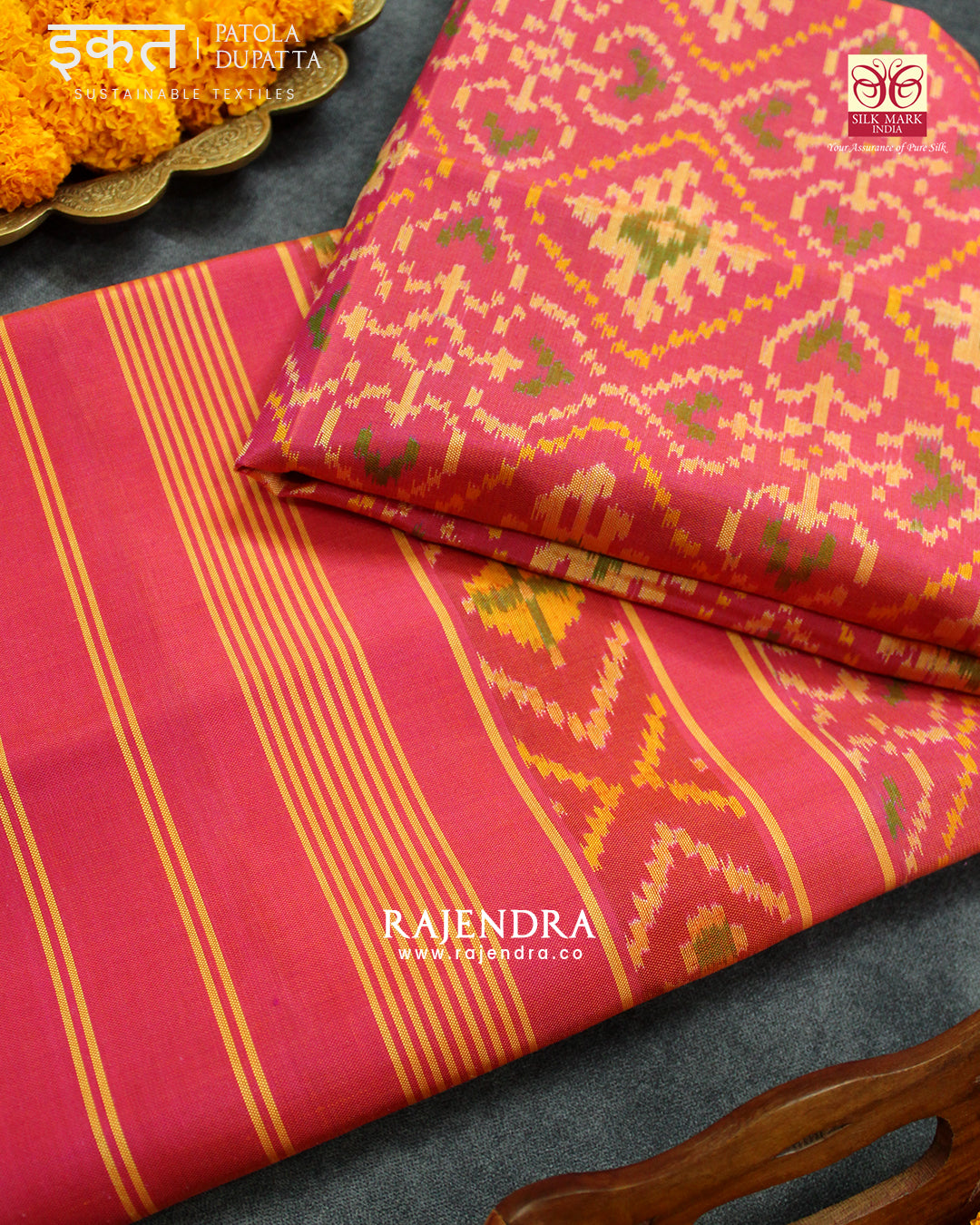 Traditional Panchanda Design Peach Single Ikat Rajkot Patola Dupatta
