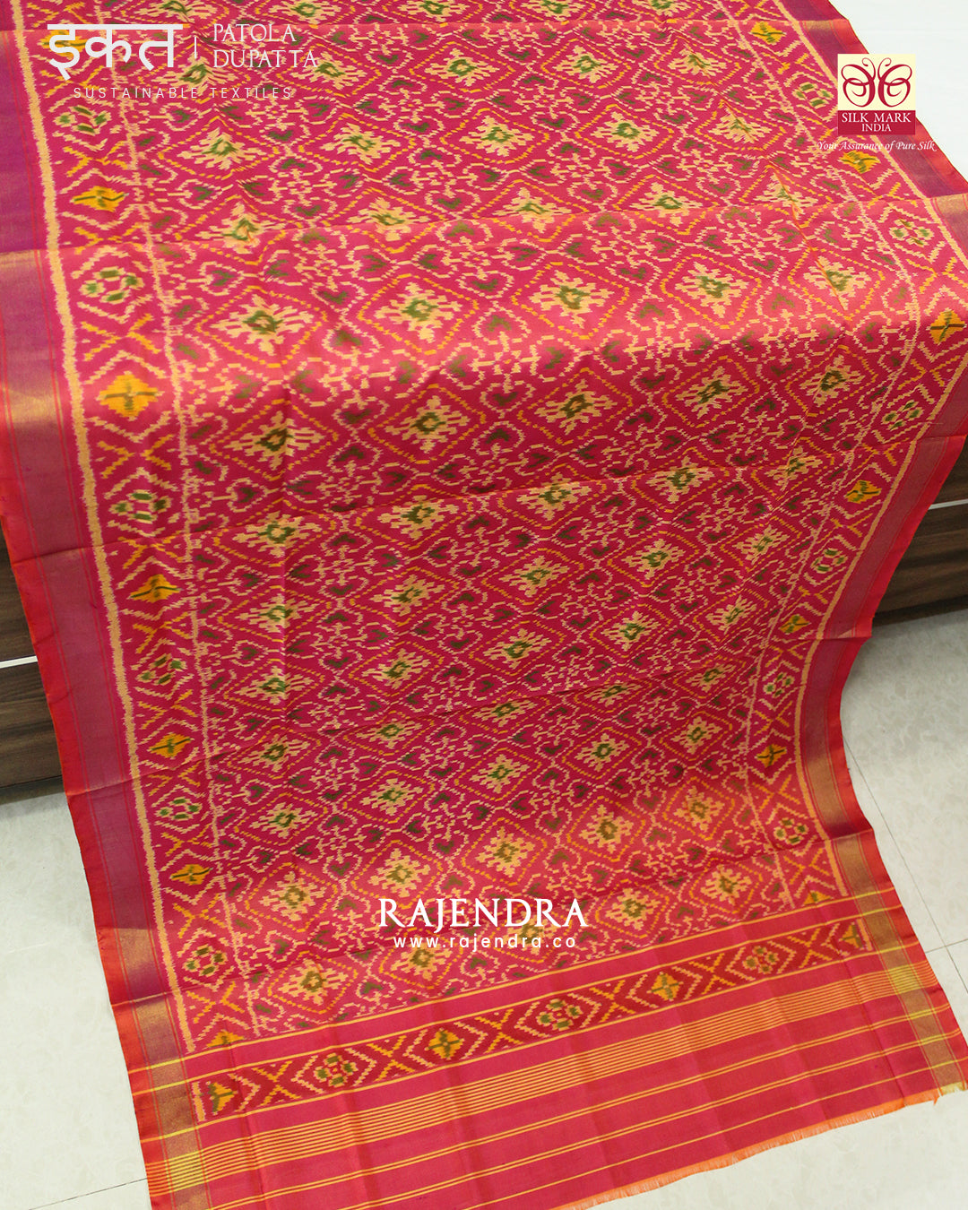 Traditional Panchanda Design Peach Single Ikat Rajkot Patola Dupatta