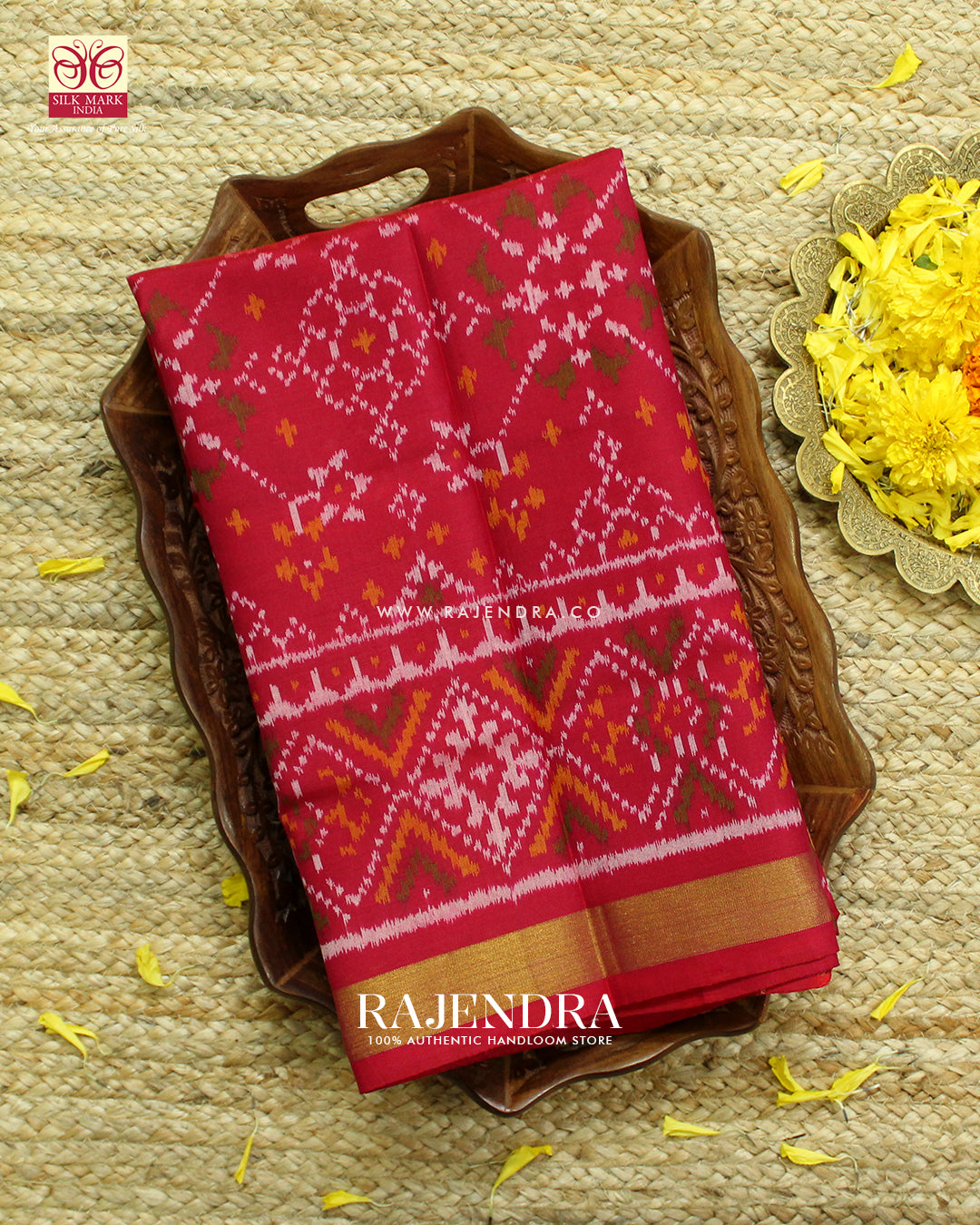 Traditional Navratna Design Peach Pink Single Ikat Rajkot Patola Saree