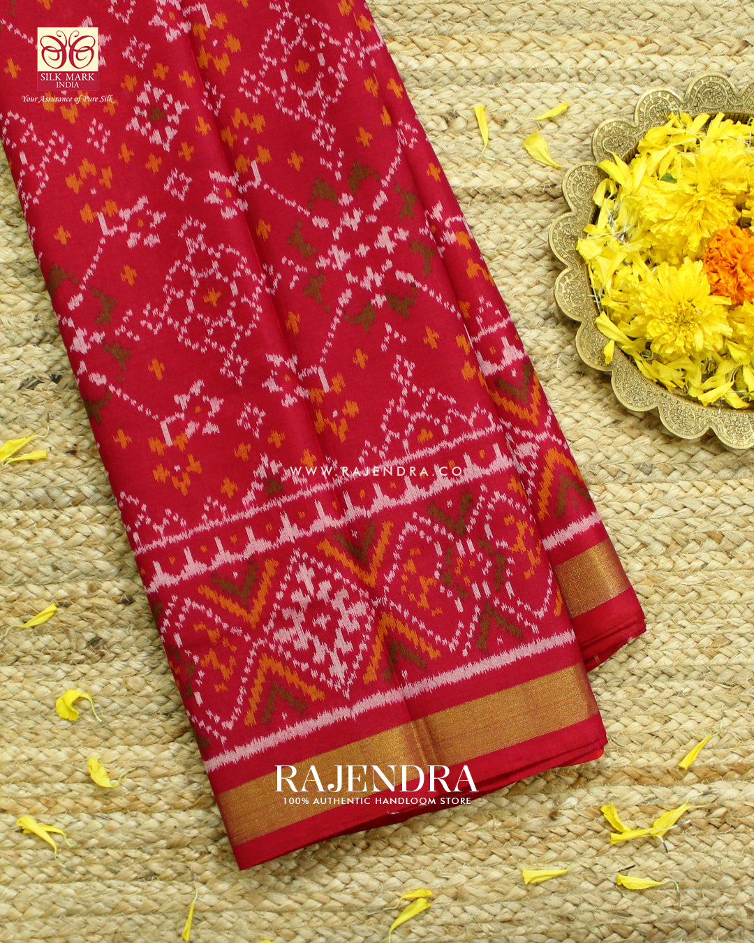 Traditional Navratna Design Peach Pink Single Ikat Rajkot Patola Saree