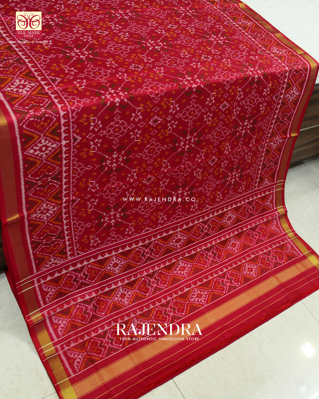 Traditional Navratna Design Peach Pink Single Ikat Rajkot Patola Saree