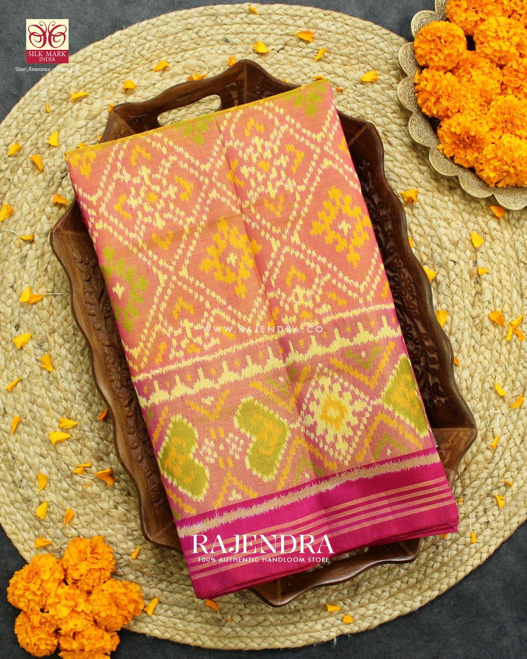 Traditional Panchanda Design Peach Pink Single Ikat Rajkot Patola Saree