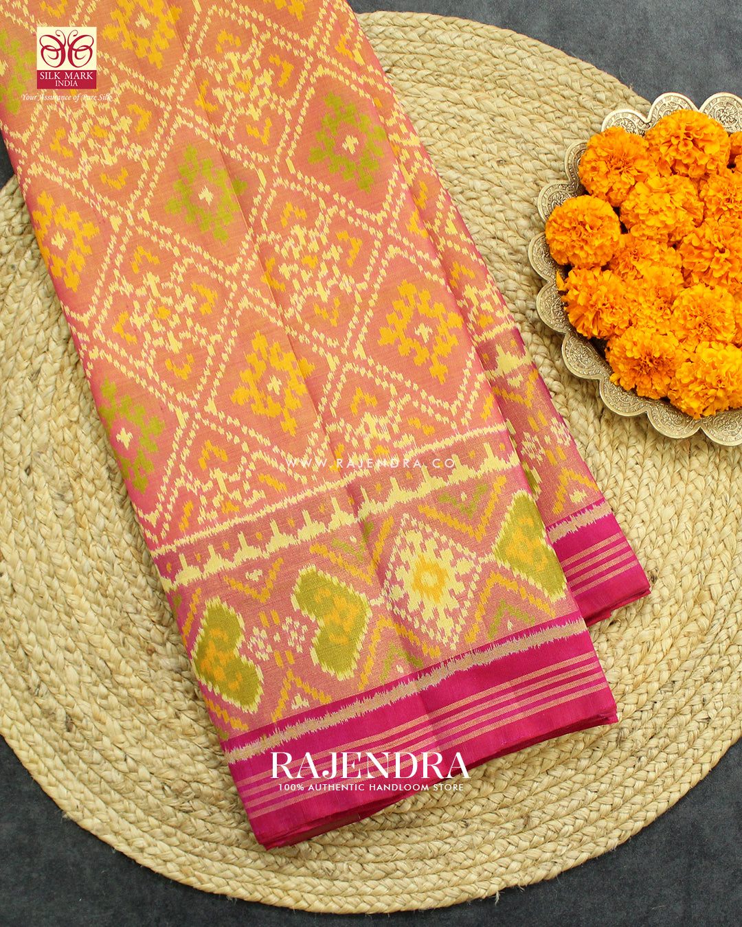 Traditional Panchanda Design Peach Pink Single Ikat Rajkot Patola Saree