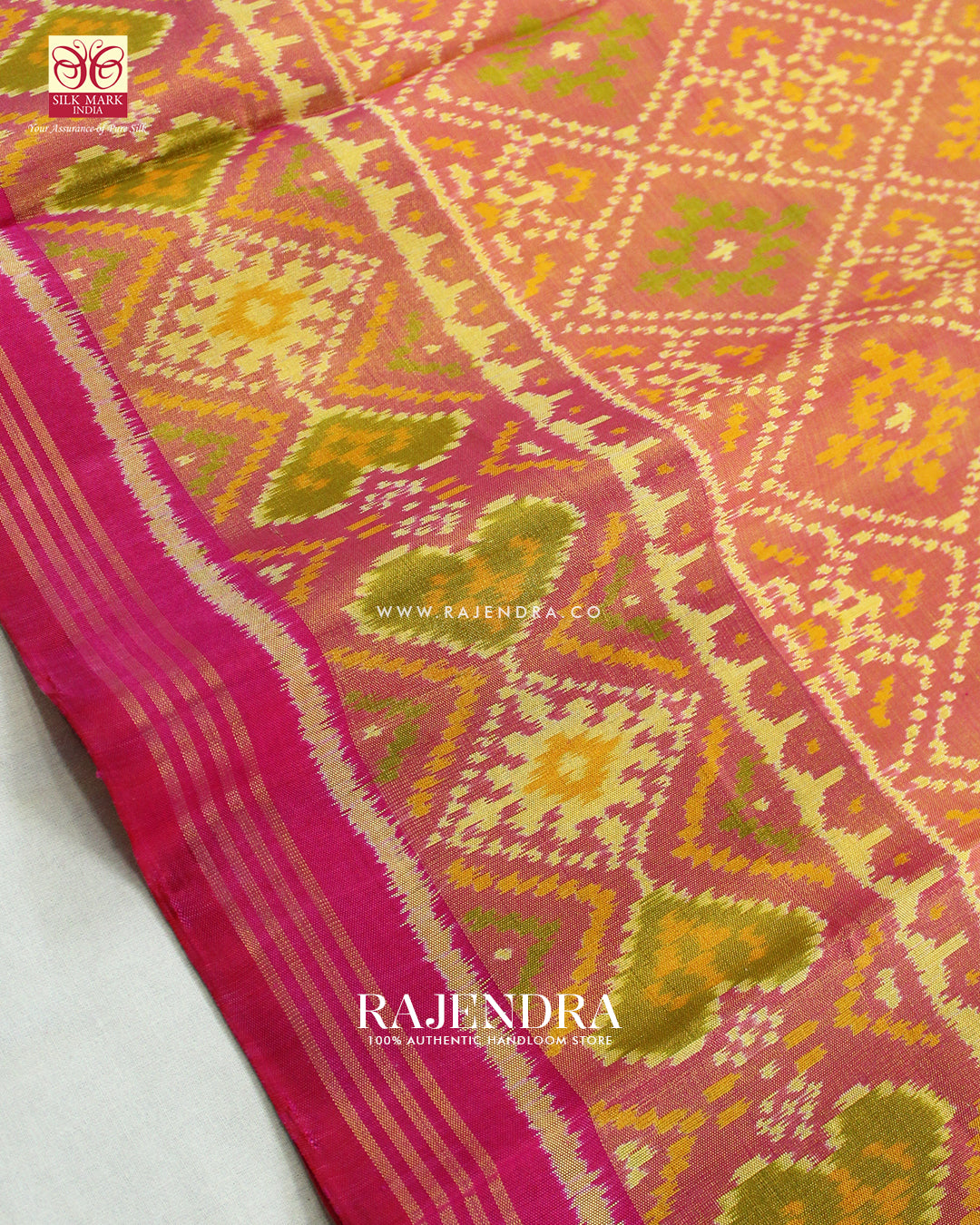 Traditional Panchanda Design Peach Pink Single Ikat Rajkot Patola Saree