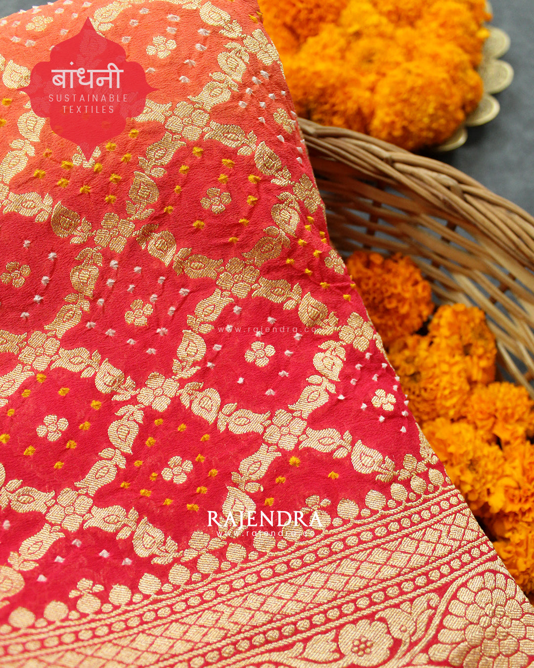 Traditional Khadi Georgette Peach Pink Banarasi Bandhani Saree