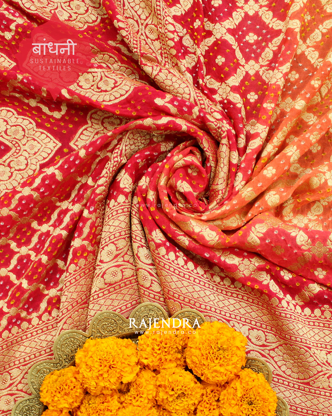 Traditional Khadi Georgette Peach Pink Banarasi Bandhani Saree