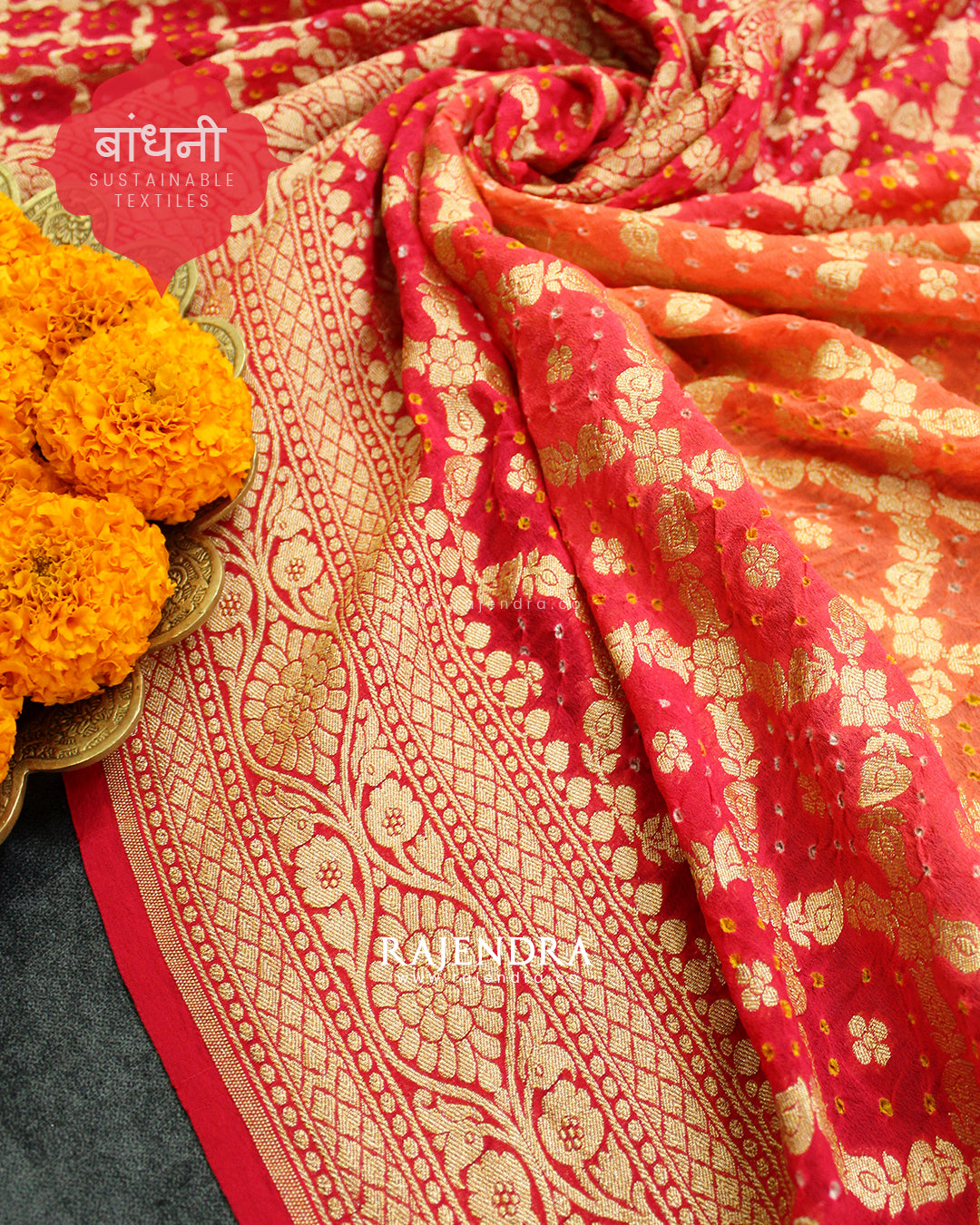 Traditional Khadi Georgette Peach Pink Banarasi Bandhani Saree
