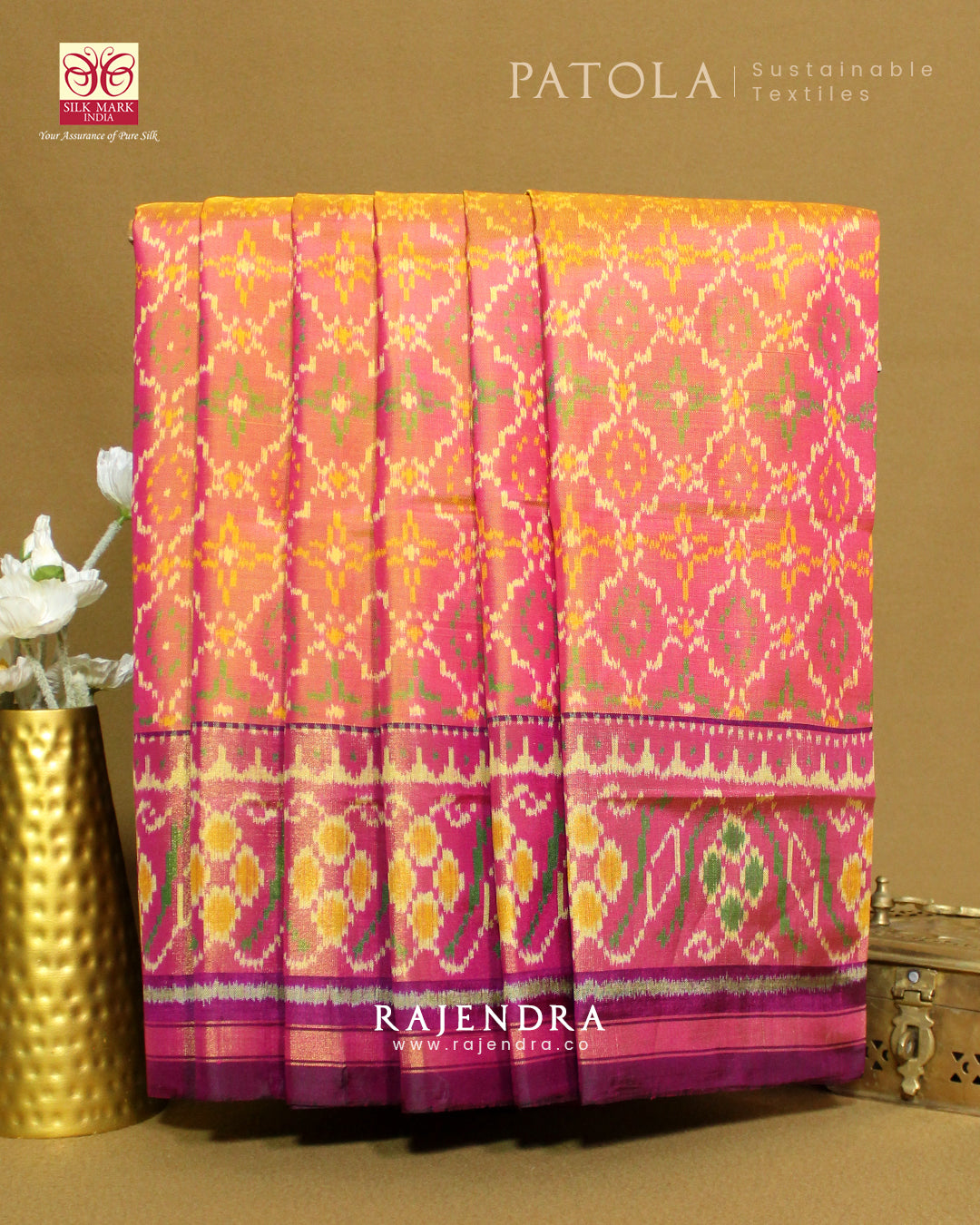 Traditional Sakali Bhat Peach and Brinjal Single Ikat Rajkot Patola Saree