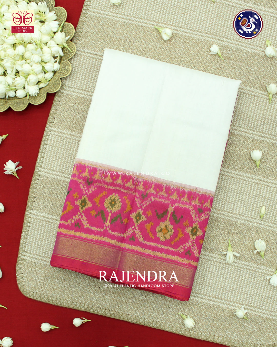 Traditional Gala Border Peach and White Rajkot Patola Saree