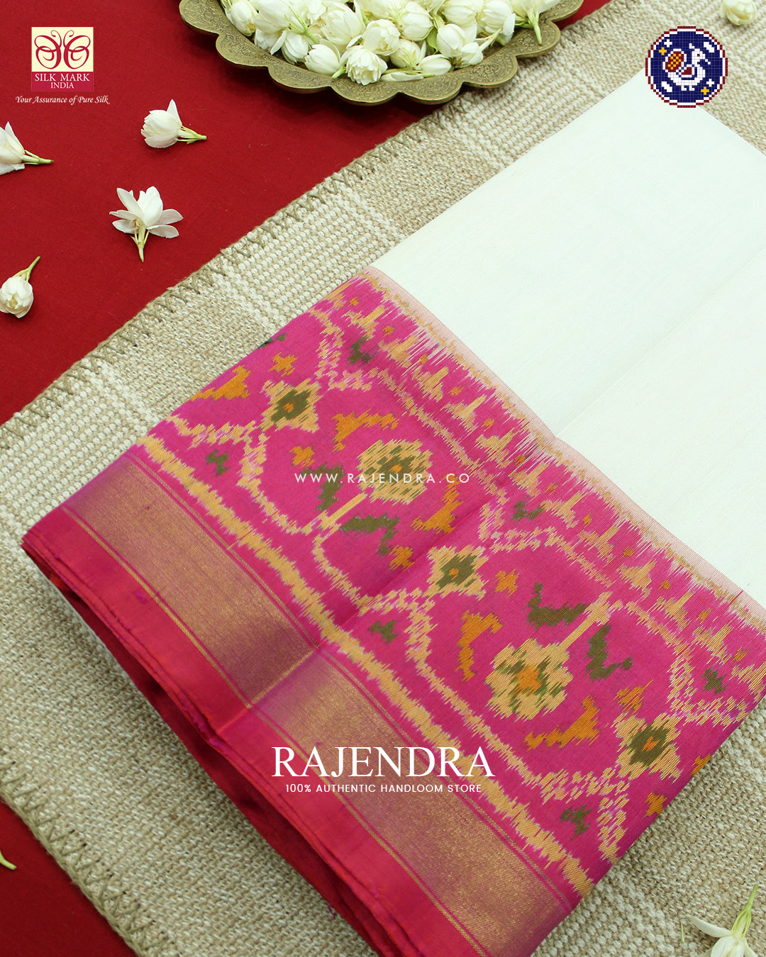 Traditional Gala Border Peach and White Rajkot Patola Saree
