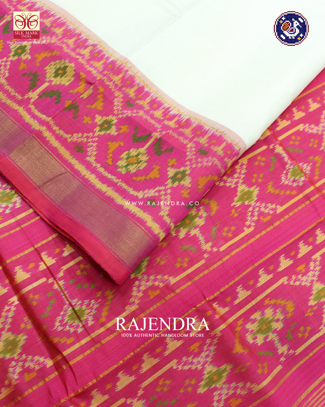 Traditional Gala Border Peach and White Rajkot Patola Saree