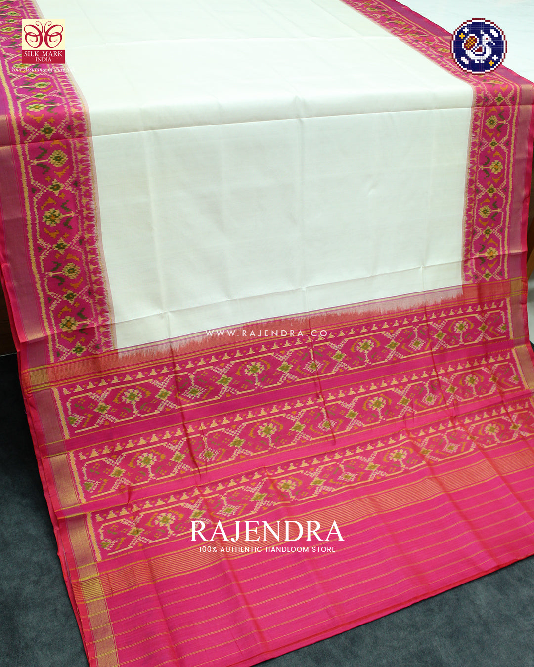 Traditional Gala Border Peach and White Rajkot Patola Saree