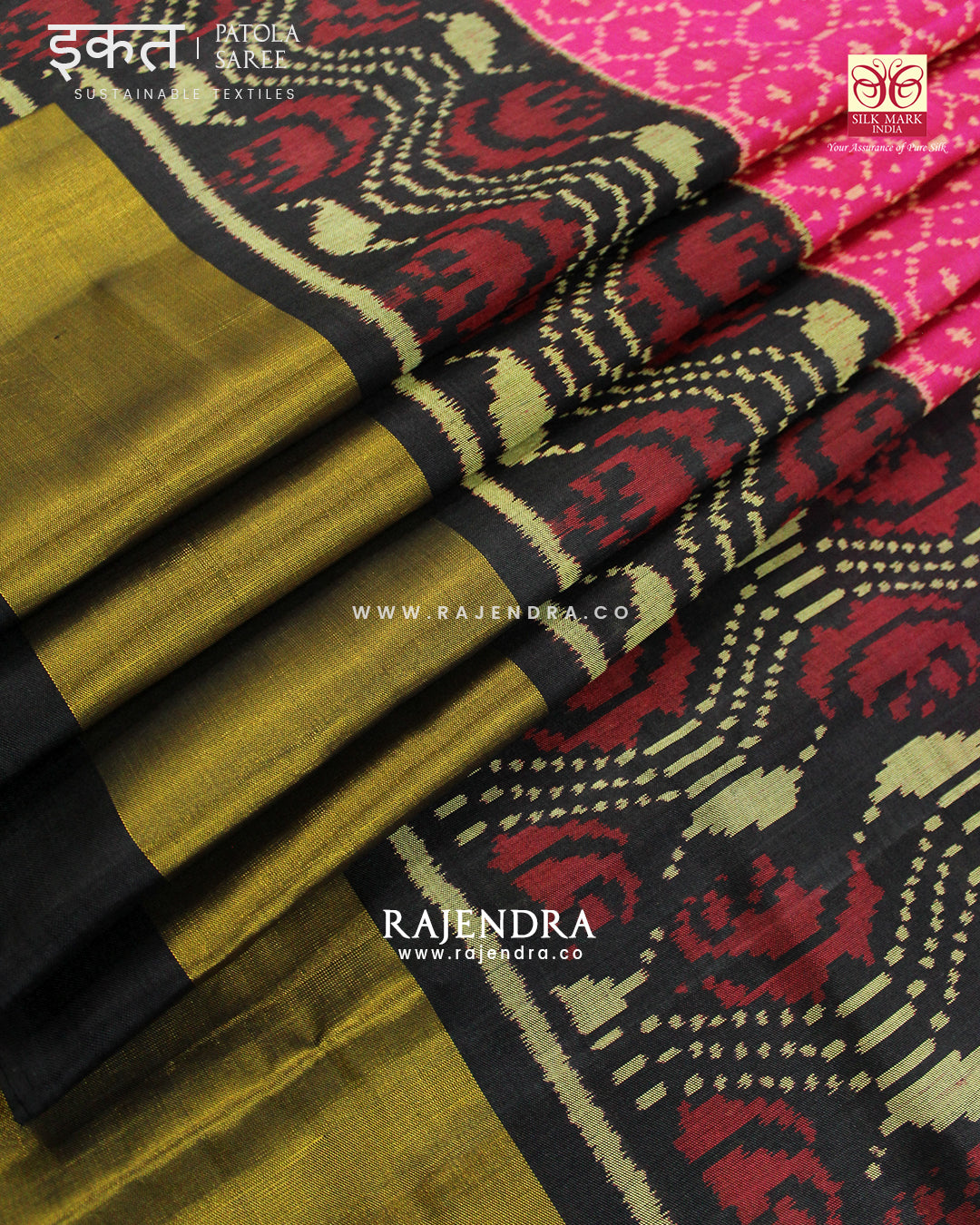 Exclusive Sakali Design Pink and Black Zari Border Rajkot Patola Saree