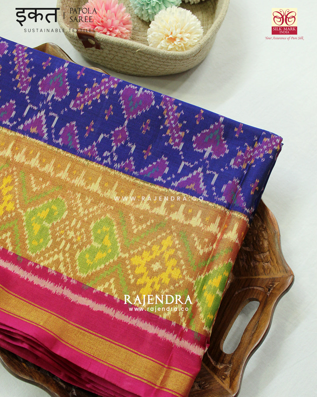 Traditional Manekchowk Bhat Pink Blue Single Ikat Rajkot Patola Saree
